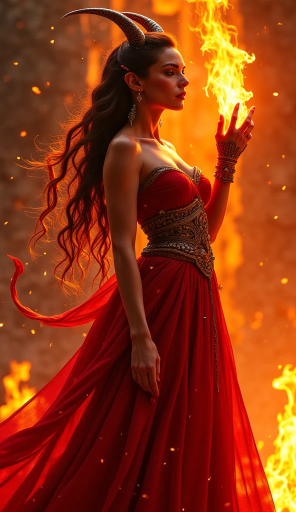 A woman wearing A fire themed gown with golden jewellery. Her power is fire and she can control fire.. Her eyes are brown with red,orange and yellow themed make up.. Her wand have fire pattern and fire themed