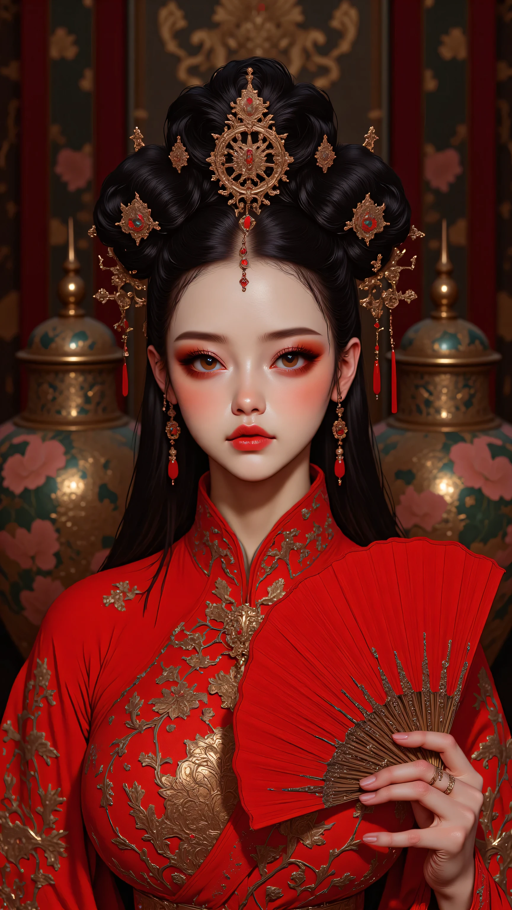 8k, masterpiece, highest quality, Asian woman, traditional Chinese style, red qipao dress, red folding fan, intricate hairstyle with buns, dramatic eye makeup, surrounded by decorative vases, vibrant colors, studio photography, fashion portrait, cultural fusion, high contrast lighting, detailed textures, close-up shot, ornate background