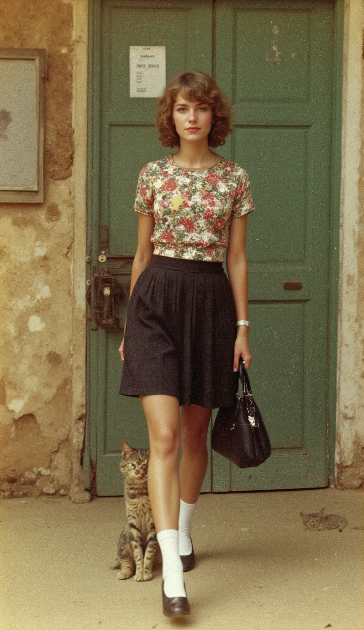 A young woman with wavy brown hair walks confidently in front of a rustic, weathered green door, evoking a vintage 1970s atmosphere. She wears a floral-patterned sleeveless top with red and green accents, tucked into a pleated dark skirt. White knee-high socks and black shoes complete her retro outfit. She carries a black tote bag in one hand, adding a casual yet stylish touch. A striped tabby cat sits beside her, gazing curiously. The scene is bathed in warm, golden tones, with soft lighting that enhances the nostalgic, film-like texture. The background features a distressed wall with peeling paint, reinforcing the vintage aesthetic. The photograph has a grainy, analog film effect with a slight fade, capturing the essence of classic street photography from the 70s.
