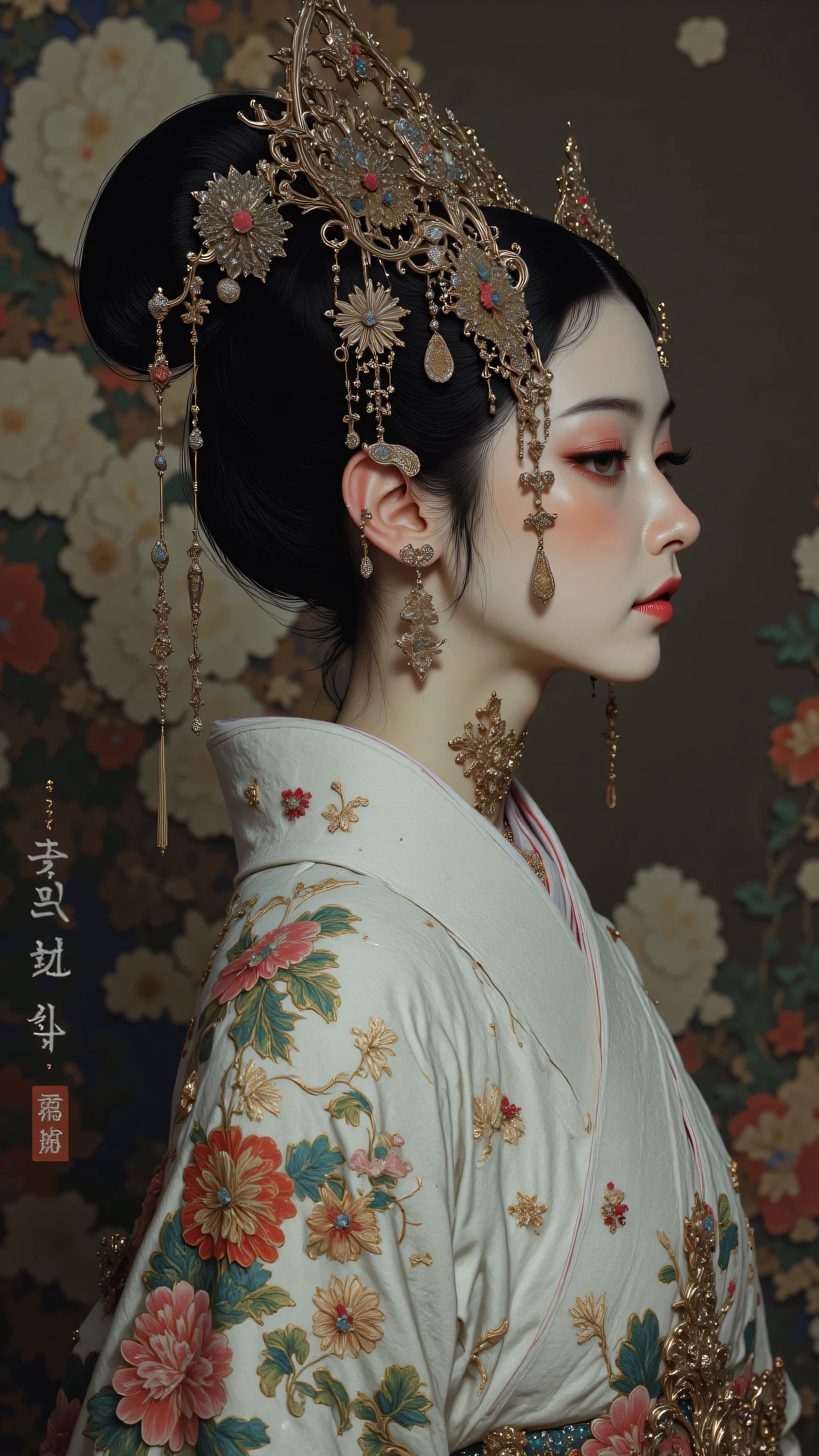8k, masterpiece, highest quality, geisha, side profile, delicate features, red lipstick, traditional white makeup, elaborate hairdo with ornaments, white kimono with colorful floral embroidery, soft lighting, shallow depth of field, elegant, atmospheric, cultural, photorealistic, high detail