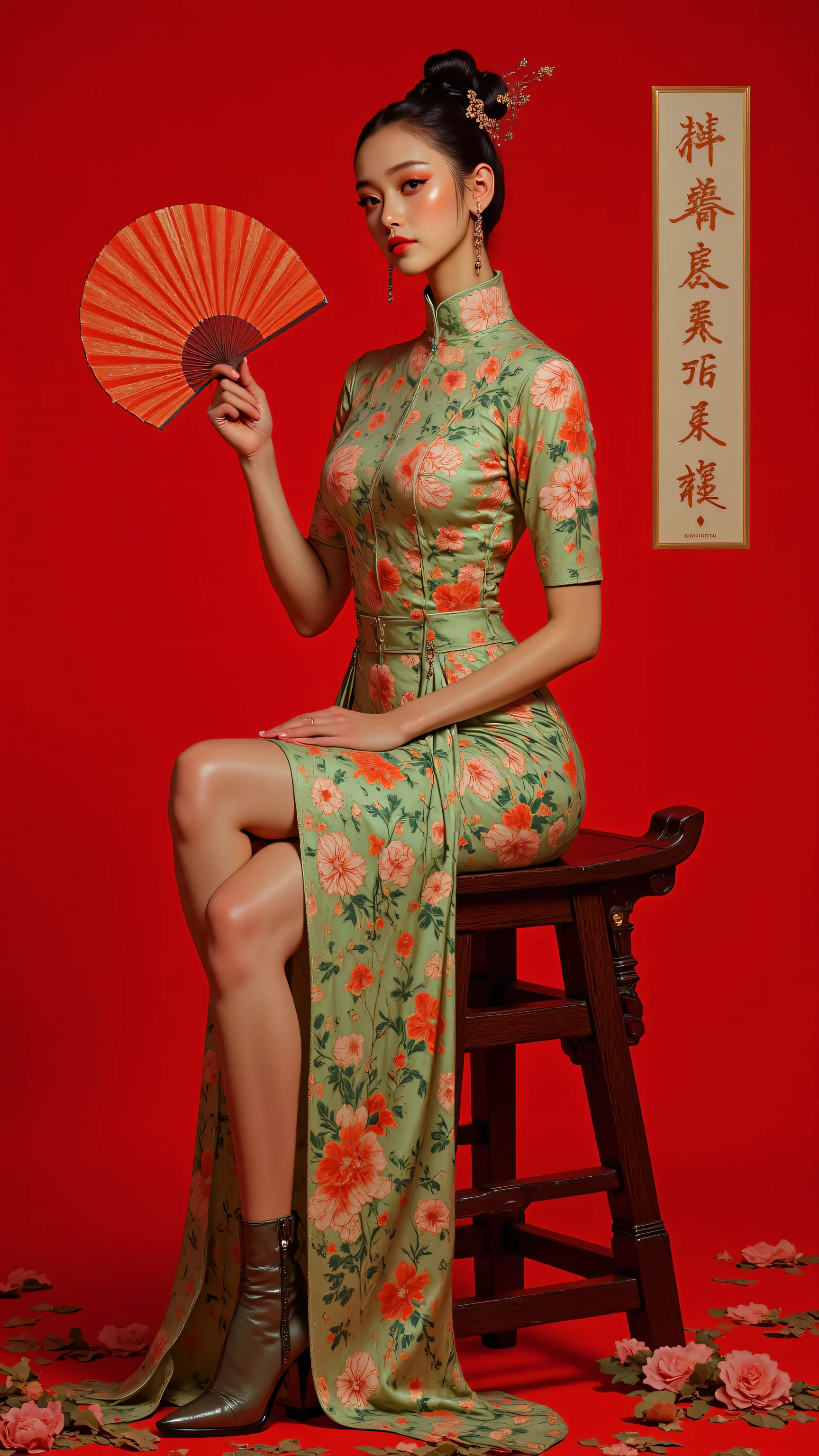 8k, masterpiece, highest quality, Chinese traditional dress, qipao, seated on wooden chair, holding fan, red background, calligraphy, vintage glamour, jade green floral pattern, high slit, ankle boots, retro pin-up pose, vibrant colors, studio lighting, high contrast, Chinese New Year theme, 1940s Shanghai style, artistic portrait, cultural fusion