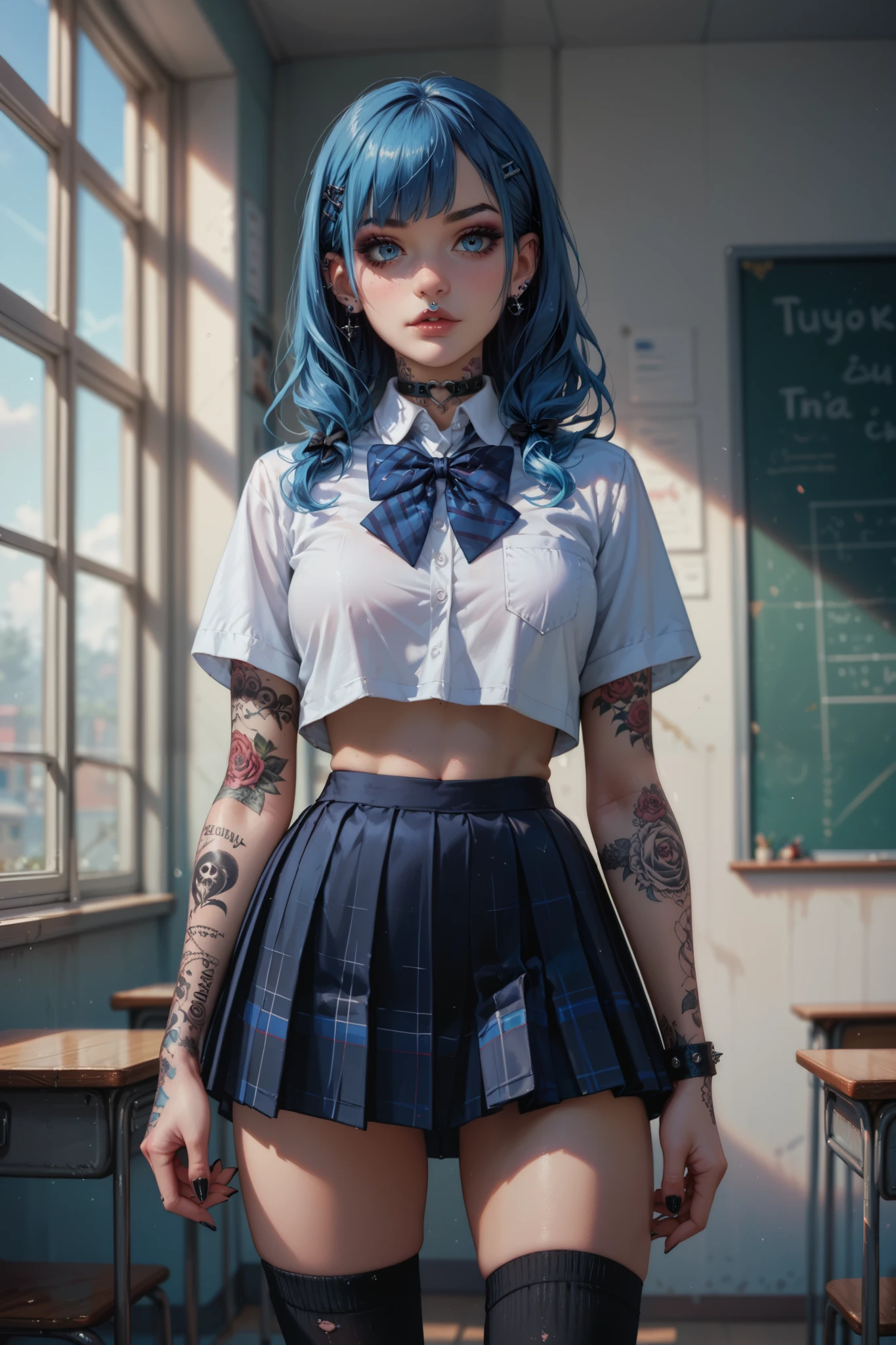 Gothic school girl, blue hair, 19 years old, perfect figure, blue eyes, third breast size, detailed face, standing at school, tattooed body, pierced nose, black knee-high socks, black school uniform, front view