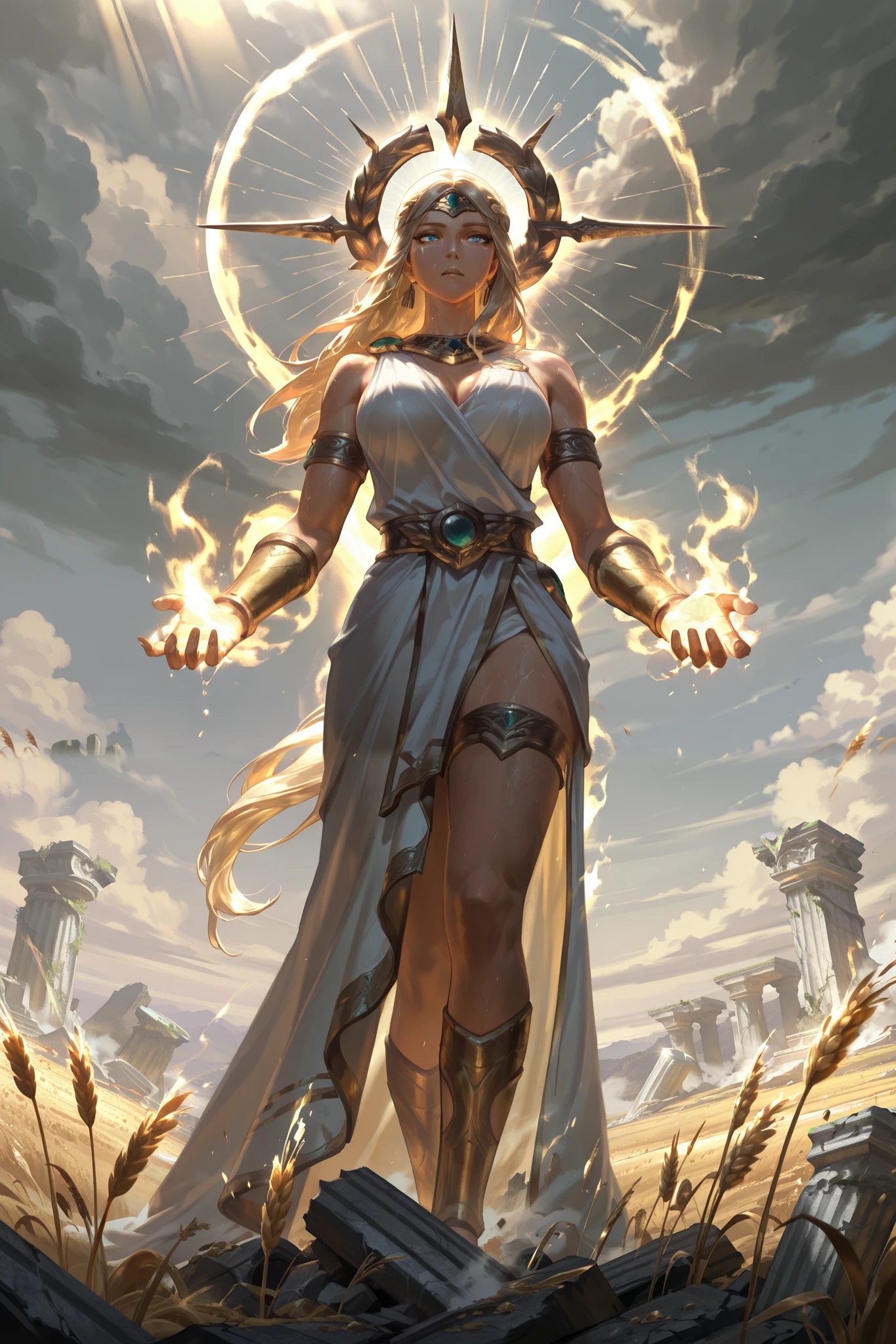 landscape, fields of marathon, greek mythology, vast battlefield, golden wheat fields, ancient greek warriors, marble ruins, glowing aura, stormy sky, divine sunlight, highres, absurdres, masterpiece, best quality, amazing quality