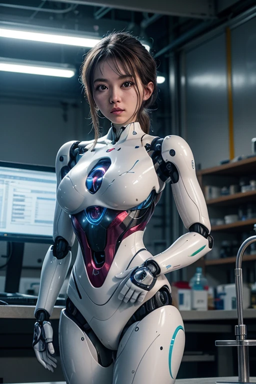 ((Robot Girl, mechs)), Glowing eyes, Delicate face, broken armor, Mechanical aura, Mechanical ArmMechanical Leg, Brown hair, Long hair, ceramic body, Thigh gap, tiny chest, cyber background, akihabara, (translucent, reflection skin), 8K, Best Quality, Ultra-detailed, (surrealism: 1.4),(Perfect Robot Girl),(Perfect machine body)(8K, highest quality, masterpiece: 1.2), (realistic, realistic: 1.37), Super detailed, super realism, (One Robot Girl), Everything from the neck down is mechanical., android, cute, alone, (redness of the nose), (smile: 1.15), beautiful eyes, Big eyes, (long hair: 1.2), Floating hair NovaFrog style, brown hair, Machine body, cable, device, mirror sphere, cyber punk, kneel down, evening, mirror、spread your legs、(((((uniform))))), blackpink jennie, white hair