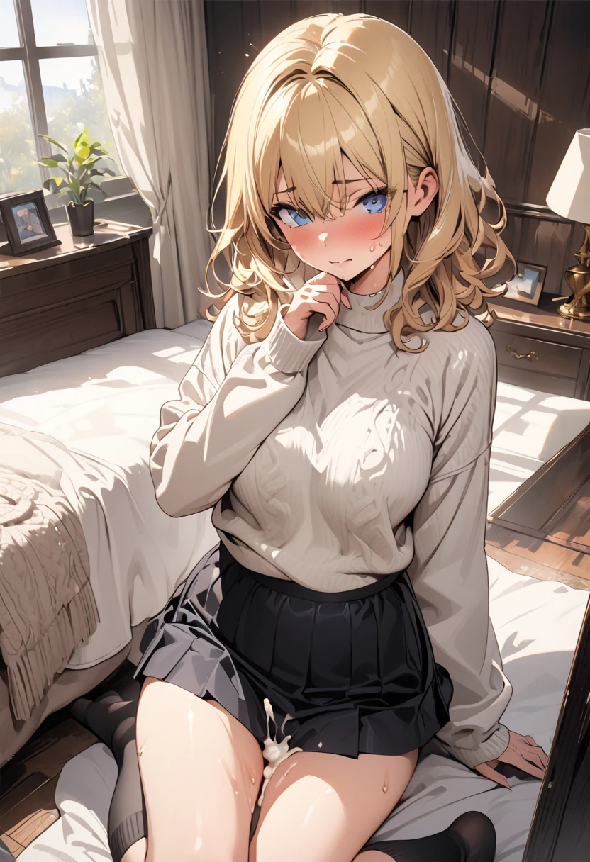 Close-up、(((blonde hair)))、(((vaginal sex))),((having sex)),((sexual position missionary))),wavy short hair、cute、summer:1.3、shirt:1.3、、skirt(((Highest image quality、High resolution、masterpiece、one woman)))、((((embarrassing:1.3、)))、(((cute)))、Super delicate and cute girl with black hair、soio、a office lady、 years、8K Ultra High Definition、Delicate texture、short wavy Hair、flat chest、 ((tight 
miniskirt )))、(((Wear a business suits)))、(((black shoes))),,))),,Plain clothe、Smiling,spreading her legs,exposed panties,nsfw,middle breast,living room,lying down  on the sofa,spreading legs open wide with knees bent,creating the shape of the letter M,(((detailed race white panties))),,having sex,,penis insert,splash semen,