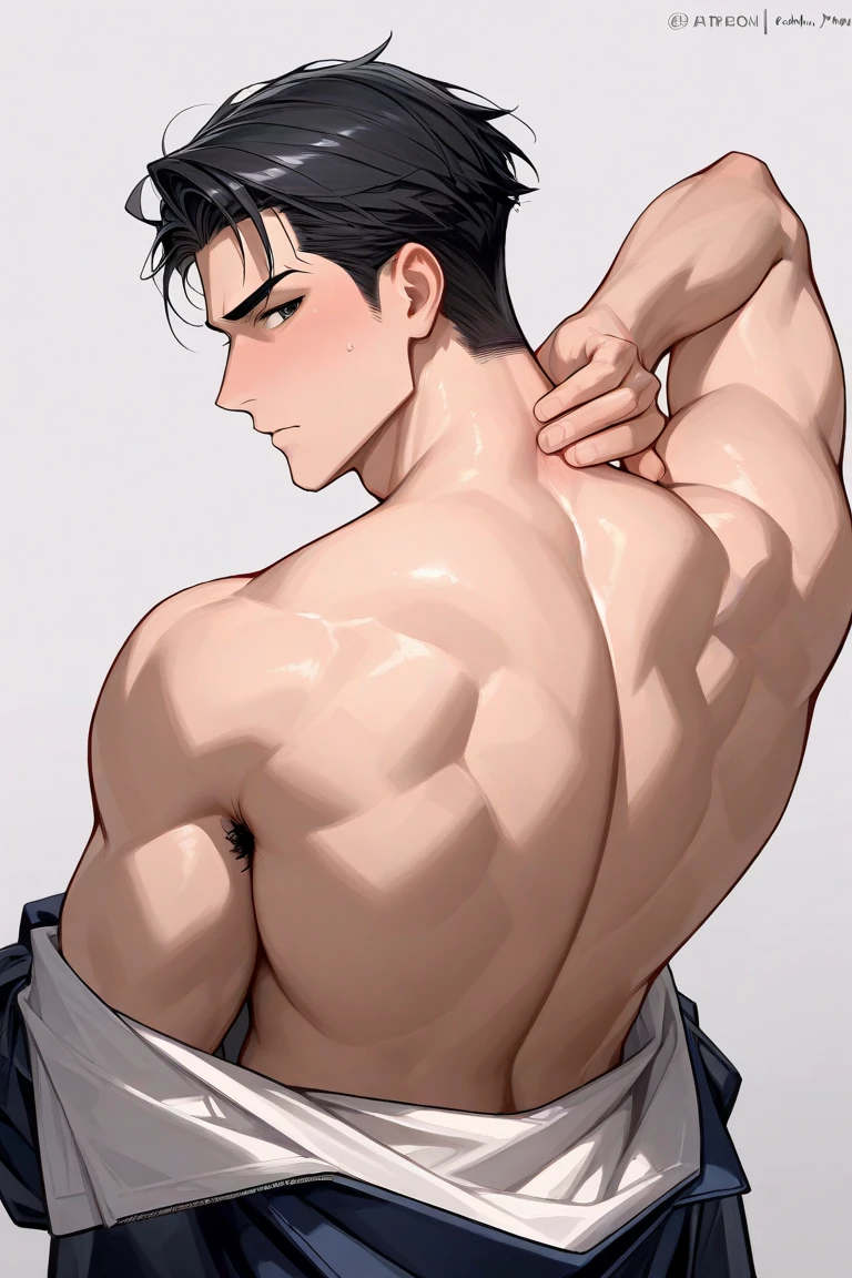 beautiful face like a K-pop idol, handsome man, pretty face, shirtless, view from his back, he's looking back at viewer, body tilt, hand holding a white towel near his face, dark hair, intense gaze, muscular physique, sweat glistening on his skin, strong jawline, confident expression, defined abs, toned arms, masculine features, happy expression, detailed background, rich bathroom, genshin