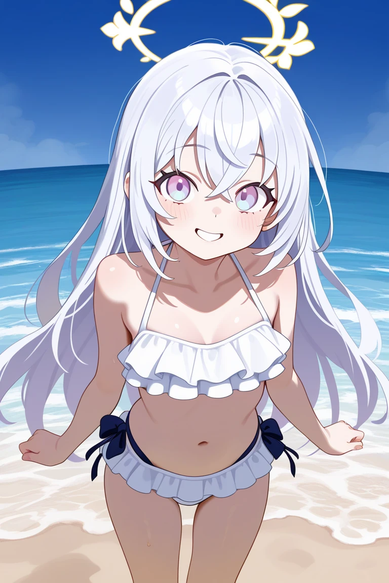 (masterpiece), (best quality), (ultra-detailed), (best illustration), 1girl, solo, vladilena milize, (grey eyes:1.5), grey hair, hair between eyes, long hair, ahoge, swimsuit, wet, wet hair, wet face, wet skin, shiny skin, 
BREAK blurry background, beach, 
BREAK cowboy shot, standing, expressionless, arms at sides, closed mouth,