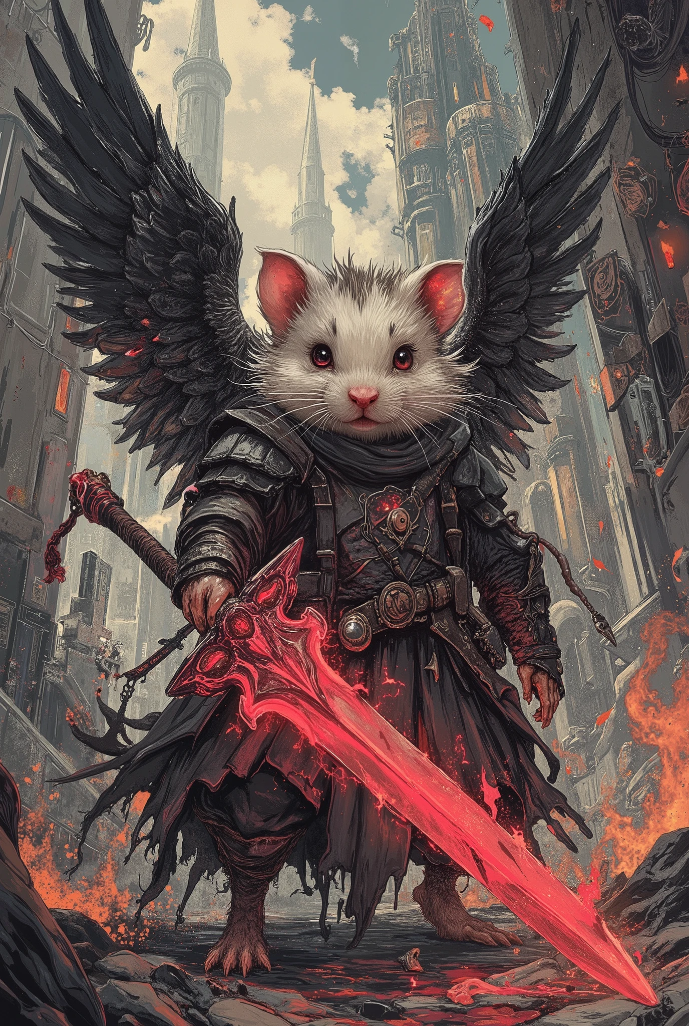 Fallen Angel Dzungarian Hamster ,Fantasy Style, masterpiece, Best quality, Super Detail,4K, standing in a hellish fortress, extremely detailed 8k photo with very realistic presentation, dramatic lighting , kinematic composition, epic fantasy scene ,fluffy,black wings,holds an redglowing unholy sword,flames , front view