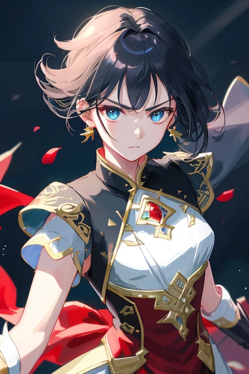 Seven Rhaeyar (Deylta), Ancient Star goddess, Perfect female anatomy (Royalty, Adult Female, 166cm in height, Cool pale skin, slim, slender, 34D breast size, Long Jet Black Hair, Gray Colored Iris , a set of Jet black colored horns on her head), Neutral facial expression, Elegant black uniform dress, female choker accessory with silver complimentary jewelry, dragon motifs, Black rope accessories, Simple Background, receiving light from the front, the focal point is her face, Ethereal glow, Blue Rose petals falling, Japanese inspired, bring her very close up, face image, detailed features, high quality resolution, shoulder up portrait