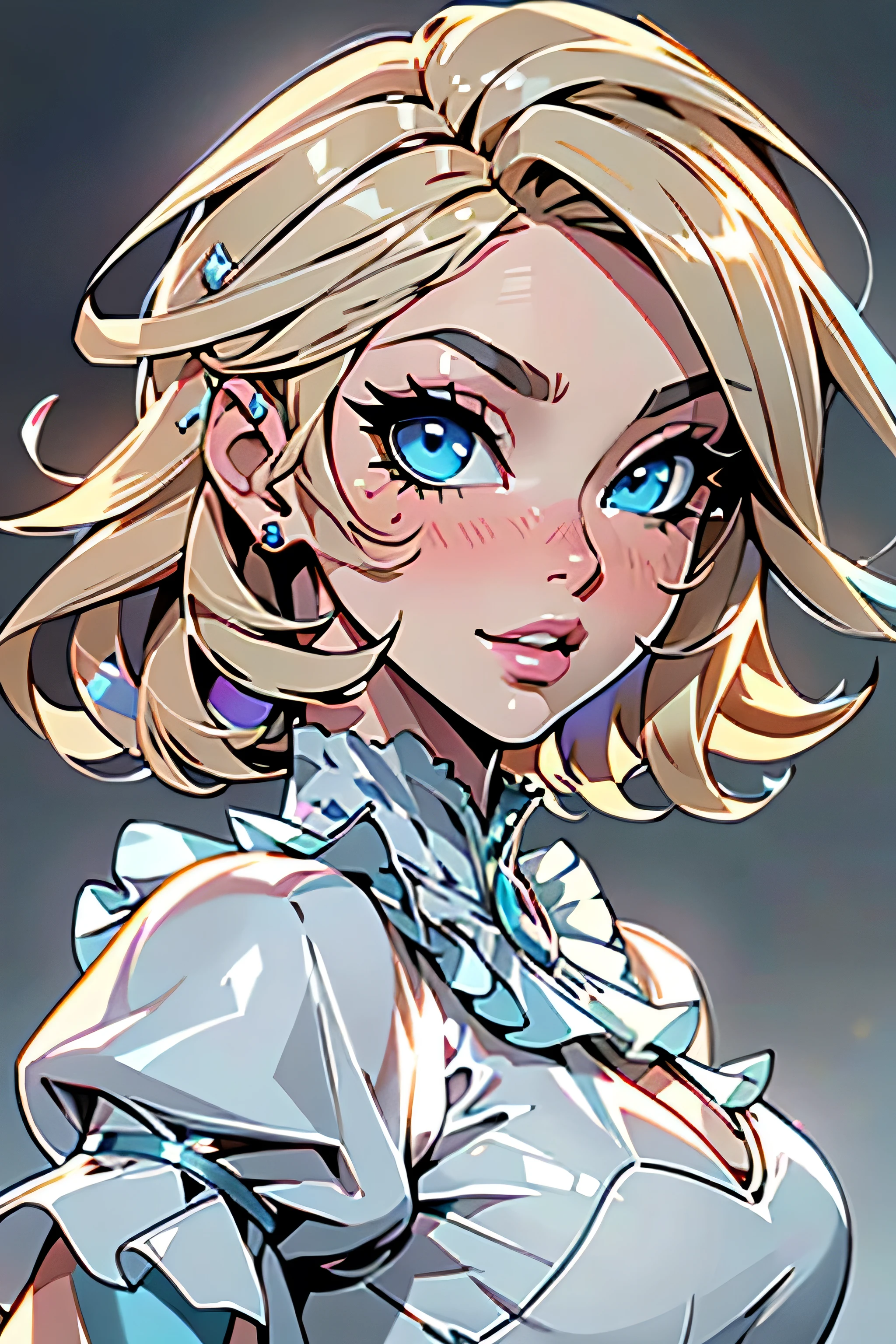 SFW, Highest image quality, outstanding details, ultra-high resolution, sharp focus, (photorealistic artwork:1.37), (extremely detailed CG unity 8k wallpaper), (masterpiece), (best quality), (realism: 1.4), very pretty 23-year-old girl, perfect face, soft face, very cute, BREAK, ((( light blonde hair:1.35, medium hair:1.4, colored inner hair))), parted in center, (((Fantasy Eyes, two-tone eyes, blue eyes, light blue eyes))), intricate eyes, beautiful detailed eyes)), double eyelids, eyelashes, open mouth smile, pink lips, (((lustrous skin:1.5, bright skin: 1.5, skin light tanned, shiny skin, very shiny skin))), (athletic body, detailed body, (detailed face)), cute, seductive, coy, BREAK, ((light blue blouse, frilly blouse, short sleeves)), ((white denim shorts)), (dynamic pose:1.2, (centered, Scale to fit dimensions, Rule of thirds)