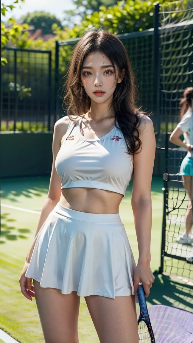 (8K, Raw photography, top-quality, ​masterpiece: 1.2), ​masterpiece, Super Detail, 超A high resolution, (Realistic and realistic photos: 1.37), high-definition RAW color photography, extremely delicate and beautiful, highly detailed, astonishing, detailed, extremely detailed eye, highly detailed skin, extremely detailed fingers, highly detailed nose, highly detail mouth, perfect anatomy, 1girl in, Blurry, Blurry background, Blurred foreground, blush, Colossal , depth of fields, eyebrows visible through hair, hair between eye,wavy dark brown hair, Solo, big breasts、cleavage, Nogizaka Idol、Korean Idol、actress、20yr old、tall body, full body, hposing Gravure Idol、1girl in、orange Tennis Wear、orange Sleeveless、orange pleated skirt、orange Ultra mini skirt、orange tennis coat、tennis