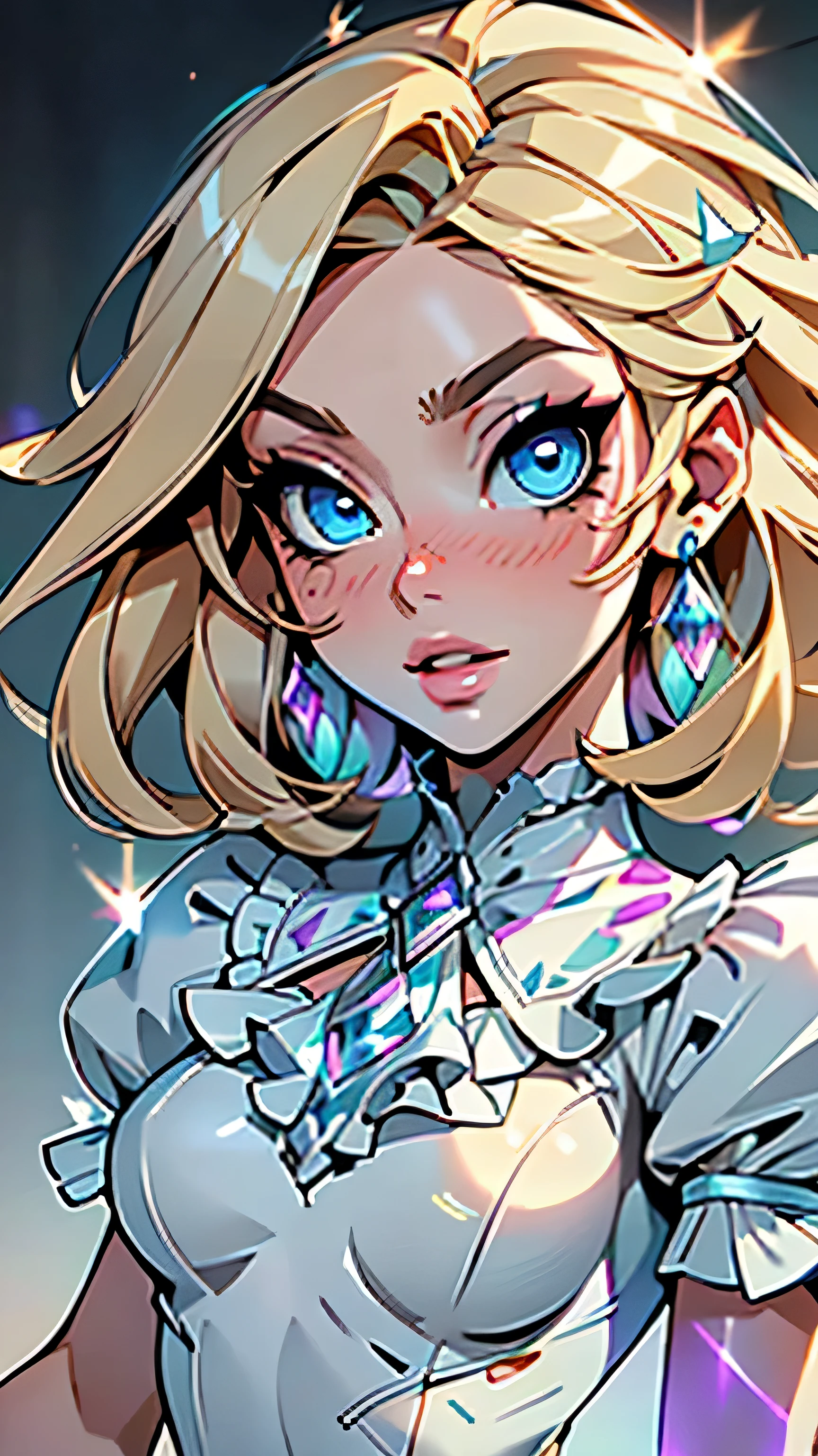 SFW, Highest image quality, outstanding details, ultra-high resolution, sharp focus, (photorealistic artwork:1.37), (extremely detailed CG unity 8k wallpaper), (masterpiece), (best quality), (realism: 1.4), very pretty 23-year-old girl, perfect face, soft face, very cute, BREAK, ((( light blonde hair:1.35, medium hair:1.4, colored inner hair))), parted in center, (((Fantasy Eyes, two-tone eyes, blue eyes, light blue eyes))), intricate eyes, beautiful detailed eyes)), double eyelids, eyelashes, open mouth smile, pink lips, (((lustrous skin:1.5, bright skin: 1.5, skin light tanned, shiny skin, very shiny skin))), (athletic body, detailed body, (detailed face)), cute, seductive, coy, BREAK, ((light blue blouse, frilly blouse, short sleeves)), ((white denim shorts)), (dynamic pose:1.2, (centered, Scale to fit dimensions, Rule of thirds)
