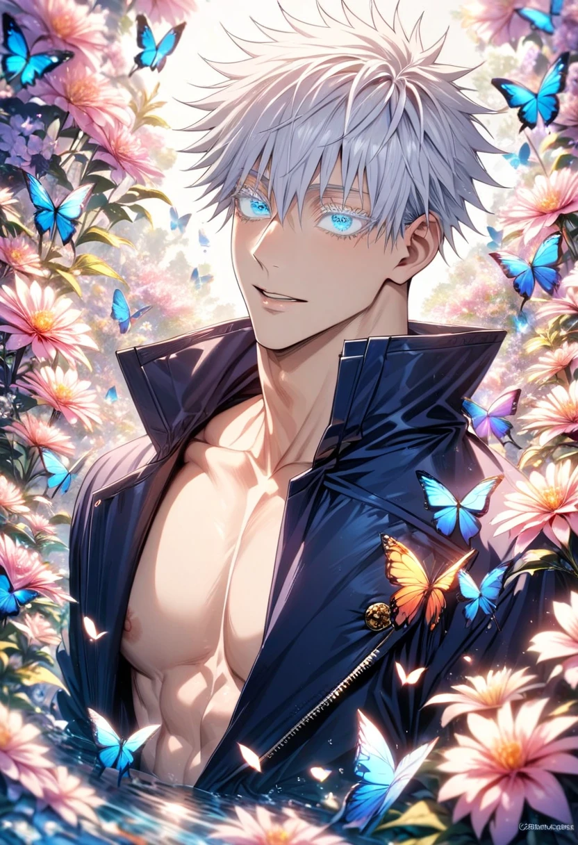 absurdres, highres, ultra detailed, HDR, master piece, best quality, Gojou Satoru, white hair, expressive blue eyes, white eyelashes, Jujutsu Kaisen, solo, sexy man, handsome, horny, lewd, without shirt, POV you, hands touching pecs, fantasy, magical, pink flowers, pink butterflies, blue sky, pink petals