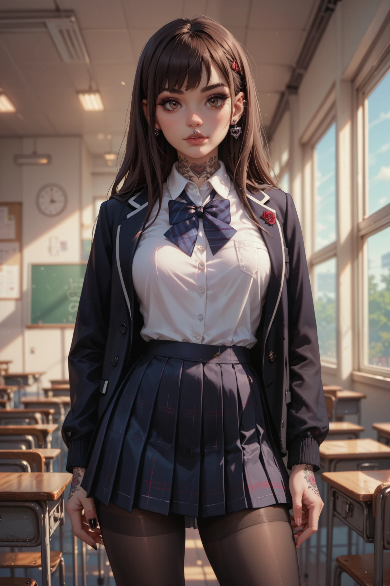 Gothic school girl, brown hair, 19 years old, perfect figure, brown eyes, third breast size, detailed face, standing at school, tattooed body, pierced nose, tights, black school uniform, front view