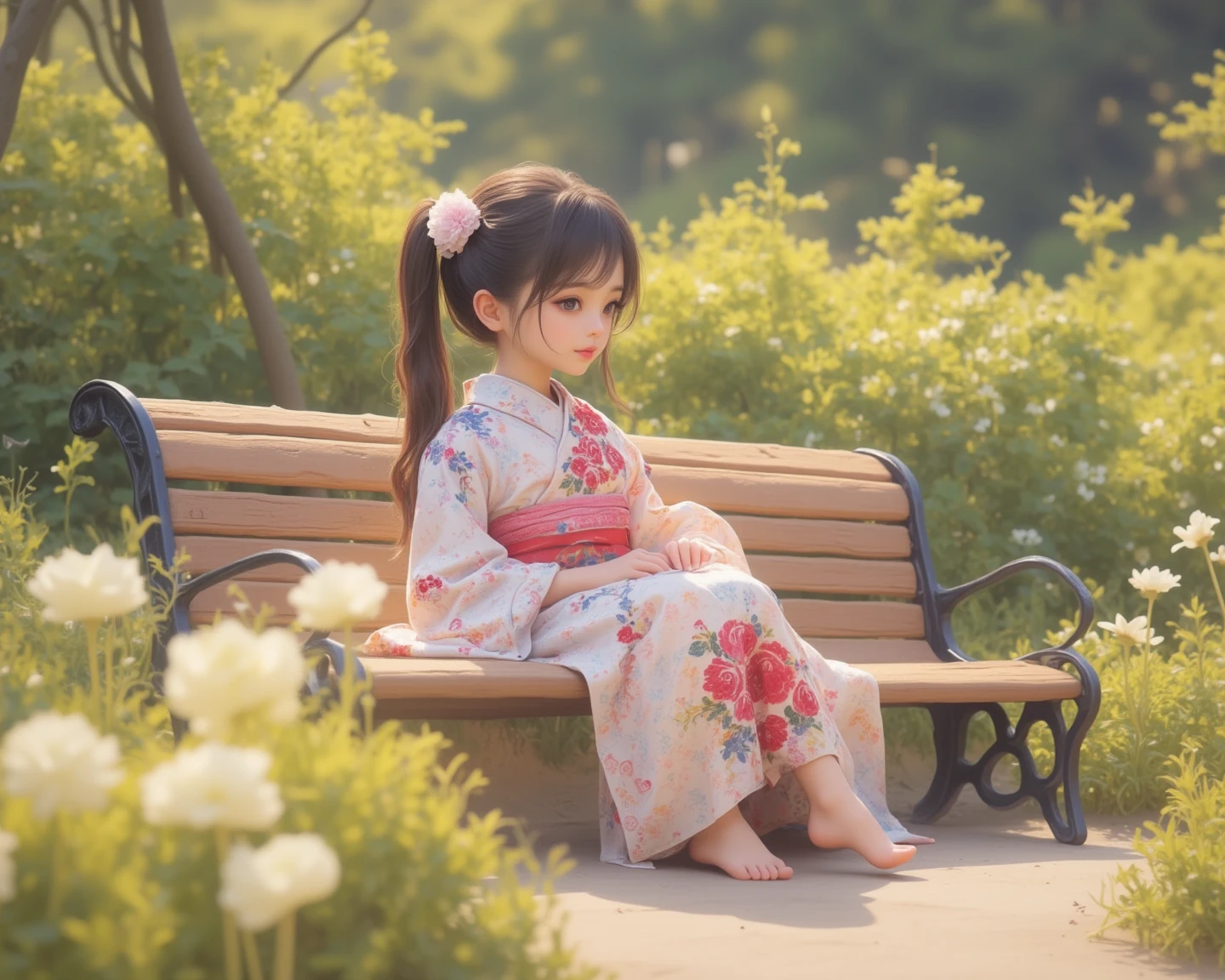 masterpiece, best quality, 1girl, solo, braid, twin braids, brown hair, hat, female child, sitting on wooden chair, outdoors, open mouth, flower, shoes, cherry blossoms, looking at viewer , dress, tree, brown eyes, white headwear, long hair, full body, blush stickers , grass, daytime, blurry, long sleeves, bangs, socks, pink footwear, white dress, sneakers, teeth, blurred background, head close- up shot, depth of field --auto --s2