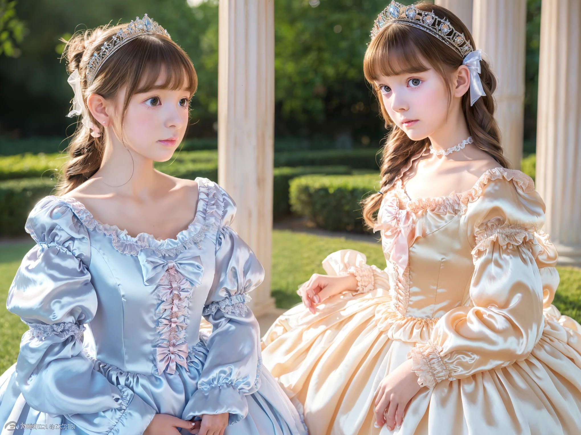 ,Highest quality, masterpiece, Highest Resolution, artwork, 3K realistic photo,,((10-year-old European girl)),Super detailed baby face,Both are princesses,detailed luxury tiara,Full-length ball gown dress with hoop skirt,Frilled yoke collar,Fine braided ribbons on the chest,Puff sleeves,Long sleeve,((blue princess satin dress in a retro style、Lots of frills and ribbons。)),crazy'Colorful Fashion,Glossy silk satin dress,Soft and smooth blue silk satin fabric,luxury,Very long blonde hair,blue eyes,White skin European,((Inside the palace)),Gorgeous flowing dress,,Drawers full of frills,,((((On the blue bed)))),On a luxurious canopy bed,On a huge wide blue bed,Purple pillow with lots of frills,blue silk satin curtains with luxurious ruffles and ribbons surround the bed.,Princess sitting on bed,(((Both legs are completely hidden in the dress))),,Detailed bed sheets,