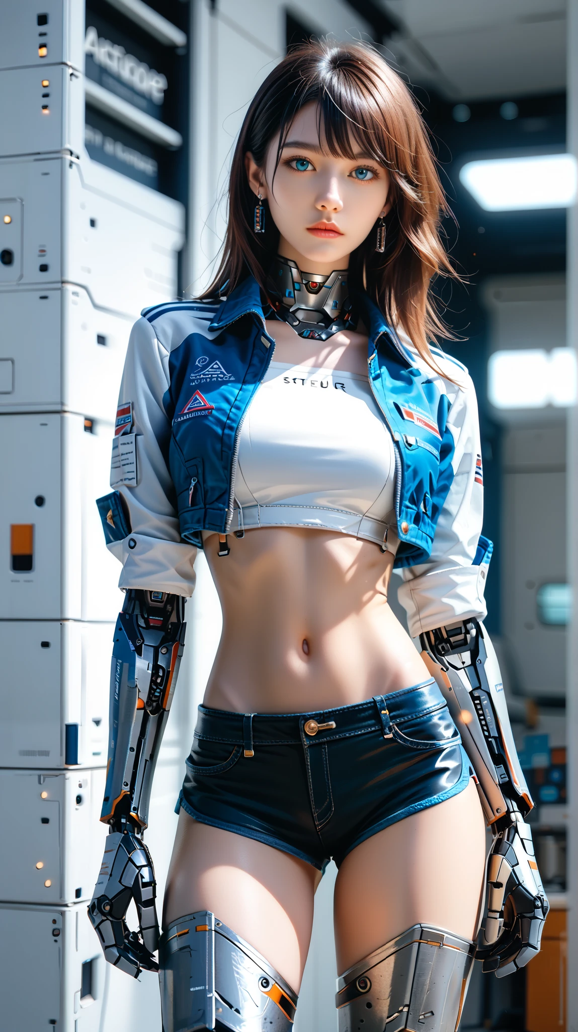 (((masterpiece))), (realism, realism texture, (science fiction, distant future), (top Quality, High Quality, top resolution, high resolution, (ultra detailed, high detailed))), (beautiful robot girl, she is incredible machine:1.3), (beautiful face), (thin lips, wide mouth), blue lighting eyes, latex racing model suit, short shorts, (robot armor), machine frame, (cropped jacket:1.3), (steel knee-high greaves, (mechanical hands)), robot joint, (robot neck joint:1.2), frame of perfect machine, Expressionless face, (cowboy shot:1.5), server room, (closed mouth), looking at viewer