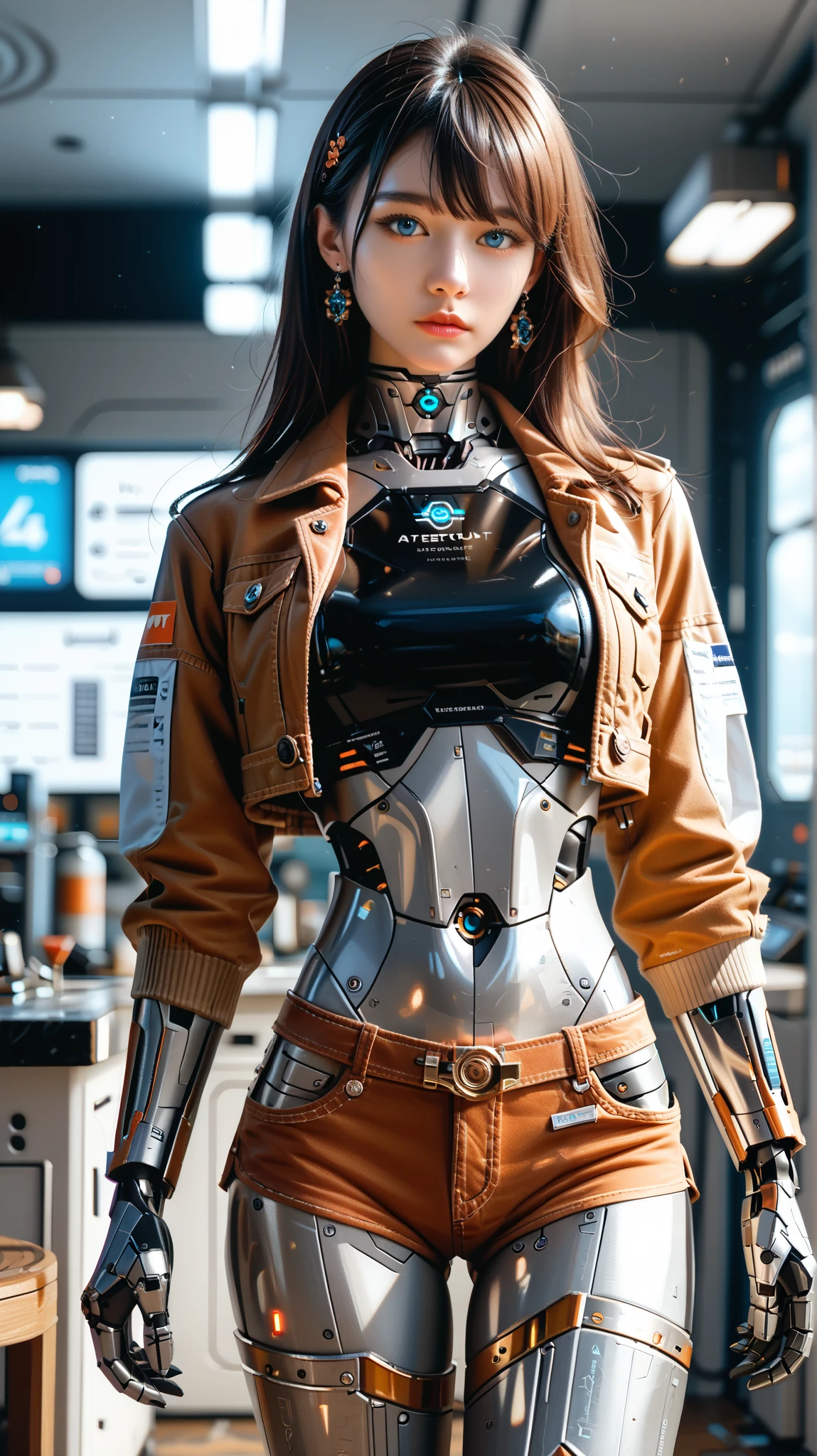 (((masterpiece))), (realism, realism texture, (science fiction, distant future), (top Quality, High Quality, top resolution, high resolution, (ultra detailed, high detailed))), (beautiful robot girl, she is incredible machine:1.3), (beautiful face), (thin lips, wide mouth), blue lighting eyes, latex racing model suit, (short shorts), (robot armor), machine frame, (cropped jacket:1.3), (steel knee-high greaves, (mechanical hands)), robot joint, (robot neck joint:1.2), frame of perfect machine, Expressionless face, (cowboy shot:1.5), server room, (closed mouth), looking at viewer