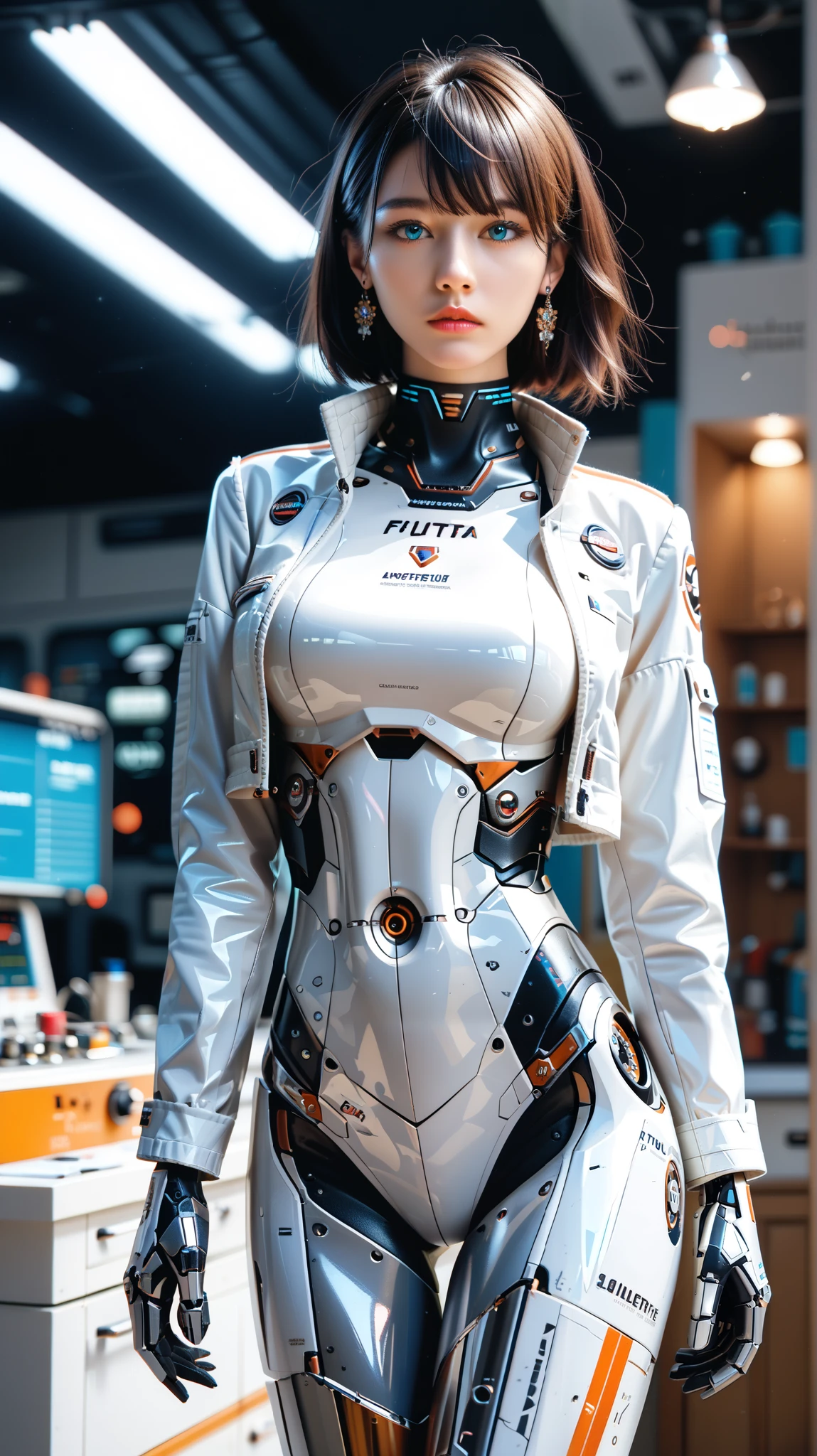 (((masterpiece))), (realism, realism texture, (science fiction, distant future), (top Quality, High Quality, top resolution, high resolution, (ultra detailed, high detailed))), (beautiful robot girl, she is incredible machine:1.3), (beautiful face), (thin lips, wide mouth), blue lighting eyes, latex racing model suit, (polished short shorts), (robot armor), machine frame, (polished cropped jacket:1.3), (steel knee-high greaves, (mechanical hands)), robot joint, (robot neck joint:1.2), frame of perfect machine, Expressionless face, (cowboy shot:1.5), server room, (closed mouth), looking at viewer
