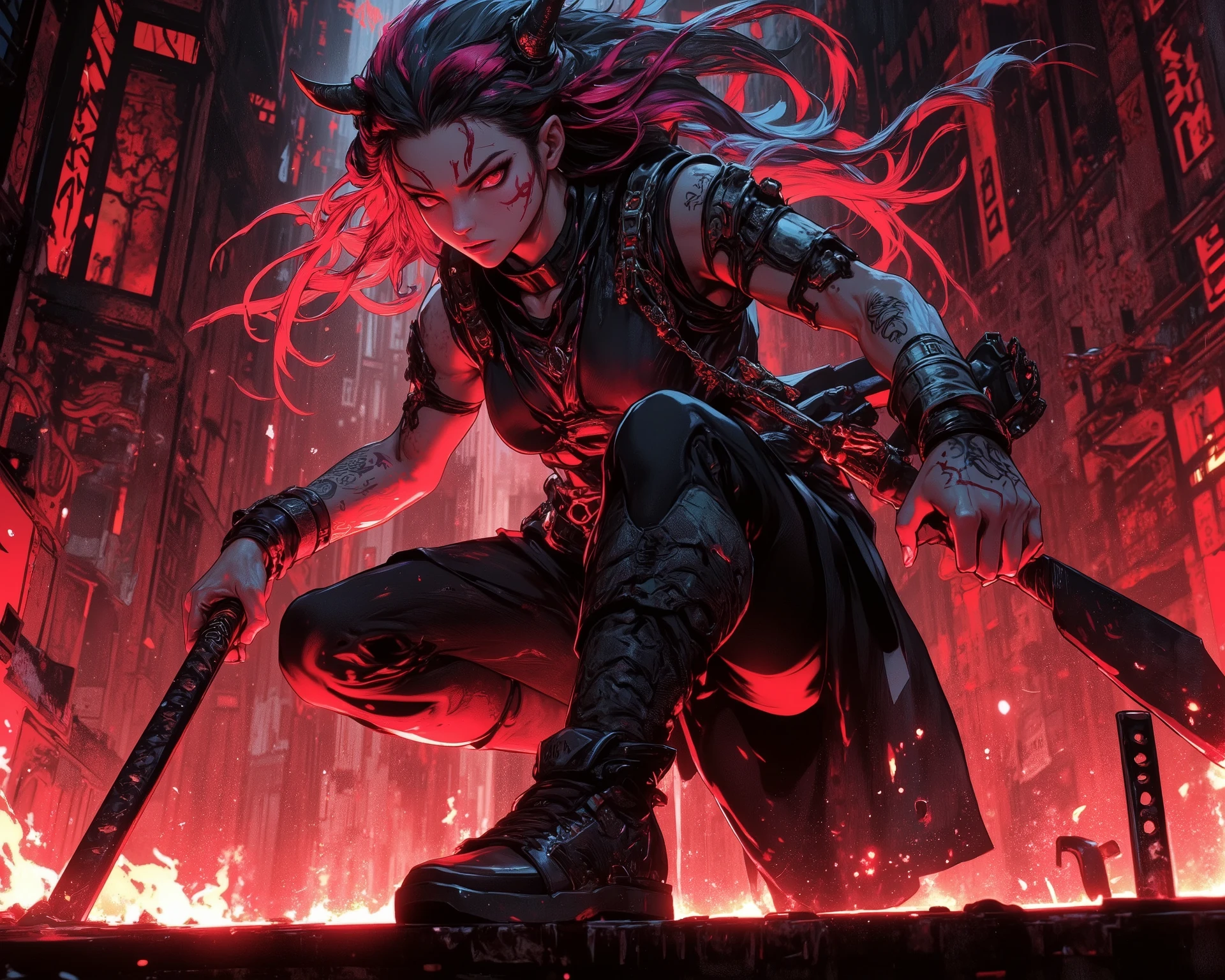 1 beautiful girl , sit back , pov wielding katana sword , background grafitti , intimidating red aura, dynamic,high resolution, looking at Viewer, high resolution, masterpiece, Accurate, Anatomically correct , award winning , best quality, HD, high details, high quality, Super Detailed , textured skin, multicolored hair, 3d rendering, digital art, full body description , boxing, action move ,throw, Action Painting , low view, stylish sneaker , street clothes ,