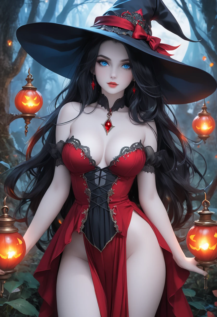 1 chica hermosa, witch enigmatic smile, piel suave y cuerpo esbelto con senos grandes, cabello largo rojo, ojos rojos, vestido largo de terciopelo verde y negro, con diamantes rojos, abrigo con capucha, paisaje de bosque nocturno, caldero en una fogata