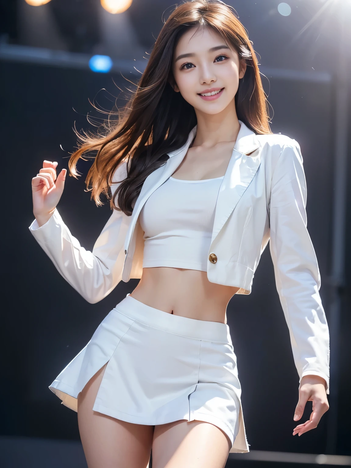 8K, Best Quality, Ultra High Definition, Masterpiece, Realistic, Photorealistic, High Contrast, Photon Mapping, Realistic, Ultra Detailed, Low Angle: 1.2, 1 Girl, Solo: 1.5, Full Body, Night Concert Venue Stage, KPOP Star, KPOP Idol, KPOP Outfit, Sexy Dance, Sexy Pose, Fancy Makeup, Blazer: 1.2, Short skirt: 1.2, blouse, bare legs, high heels, 100 degree leg opening: 1.4, М open leg: 1.1, crotch open: 1.1, brown hair, see-through wet white panties: 1.5, panties visible from under the skirt, tall, height is 170 cm, long legs: 1.2, small breasts, beautiful face: 1.2, detailed female pubic shape is clearly visible: 1.2, With pubic hair: 1.2, without panties: 1.2, textured skin