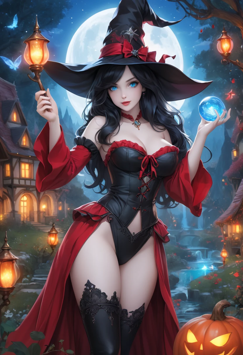 (best quality,4k,8k,highres,masterpiece:1.2),ultra-detailed,realistic, sensualizing Sarada as a witch, half-naked, with a great butt and large thighs, small breasts under the chest, dressed provocatively in a seductive manner, with a magical atmosphere and an enchanted background, vibrant colors and dramatic lighting, witchcraft aesthetic, dark magic vibes, spellbinding poses, bewitching eyes and red lips, alluring gaze, flowing black hair, sultry expression, seductive witch attire, a black pointed hat, a revealing dress that highlights her curves, thigh-high boots, a broomstick in her hand, casting a spell with glowing magical symbols in the air, surrounded by mystical fog and colorful sparks, a cauldron filled with potion and bubbling with magic, a full moon illuminating the night sky, creating an eerie ambiance, a mysterious enchanted forest in the background, with twisted trees and glowing mushrooms, a crow perched on a branch, overlooking the scene, a touch of gothic aesthetic, creating an enchanting and seductive atmosphere for the viewer.