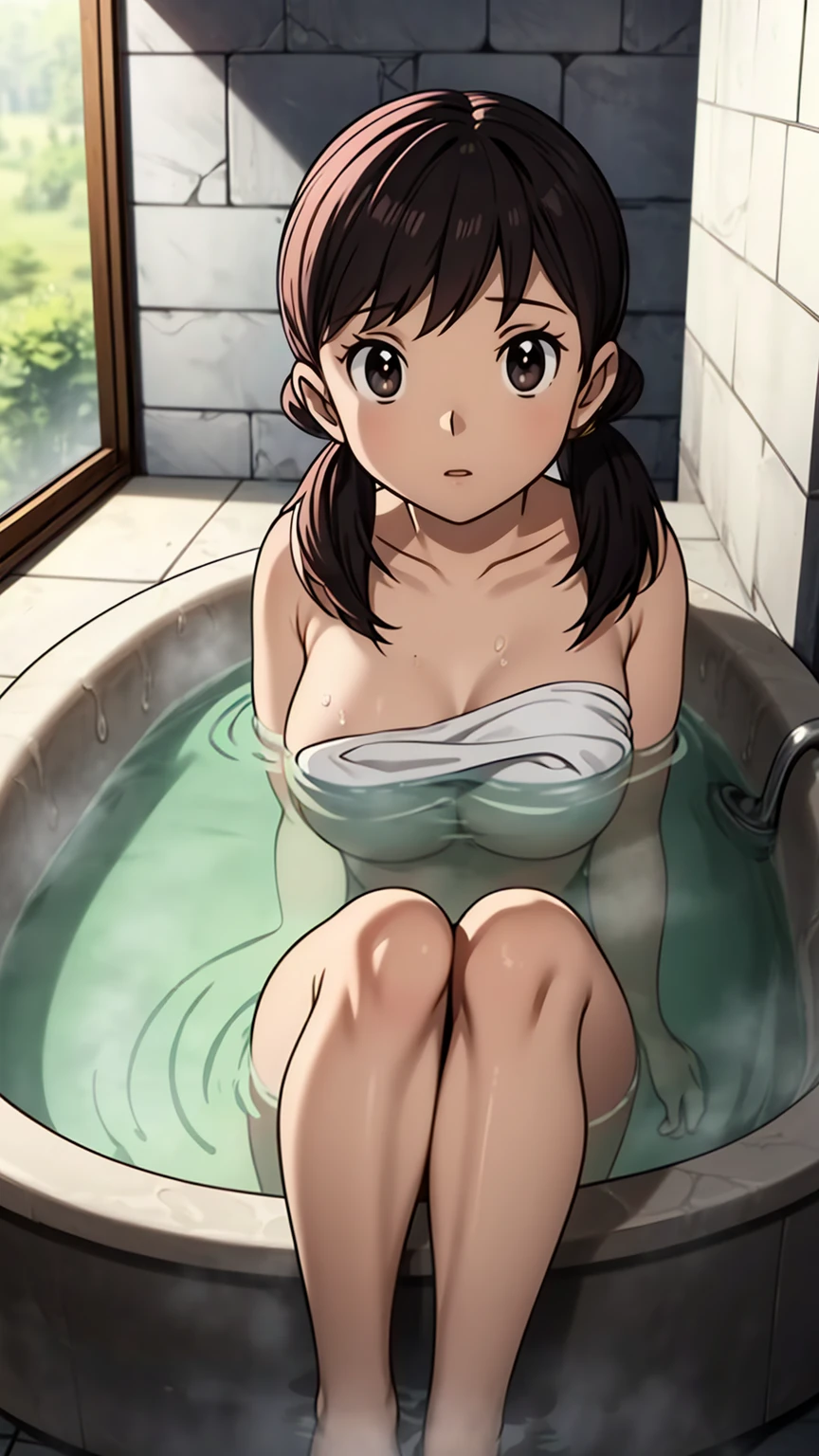 woman, black medium stright hair, smile, brown eyes, blushed, fully naked, completely naked, hairy pubic, pubic hair, collarbone, wide hips, medium breast, sitting, full body scene, from below, bathroom, taking a bath, spread legs, sitting on bathtub, armpit, wet, wet body,