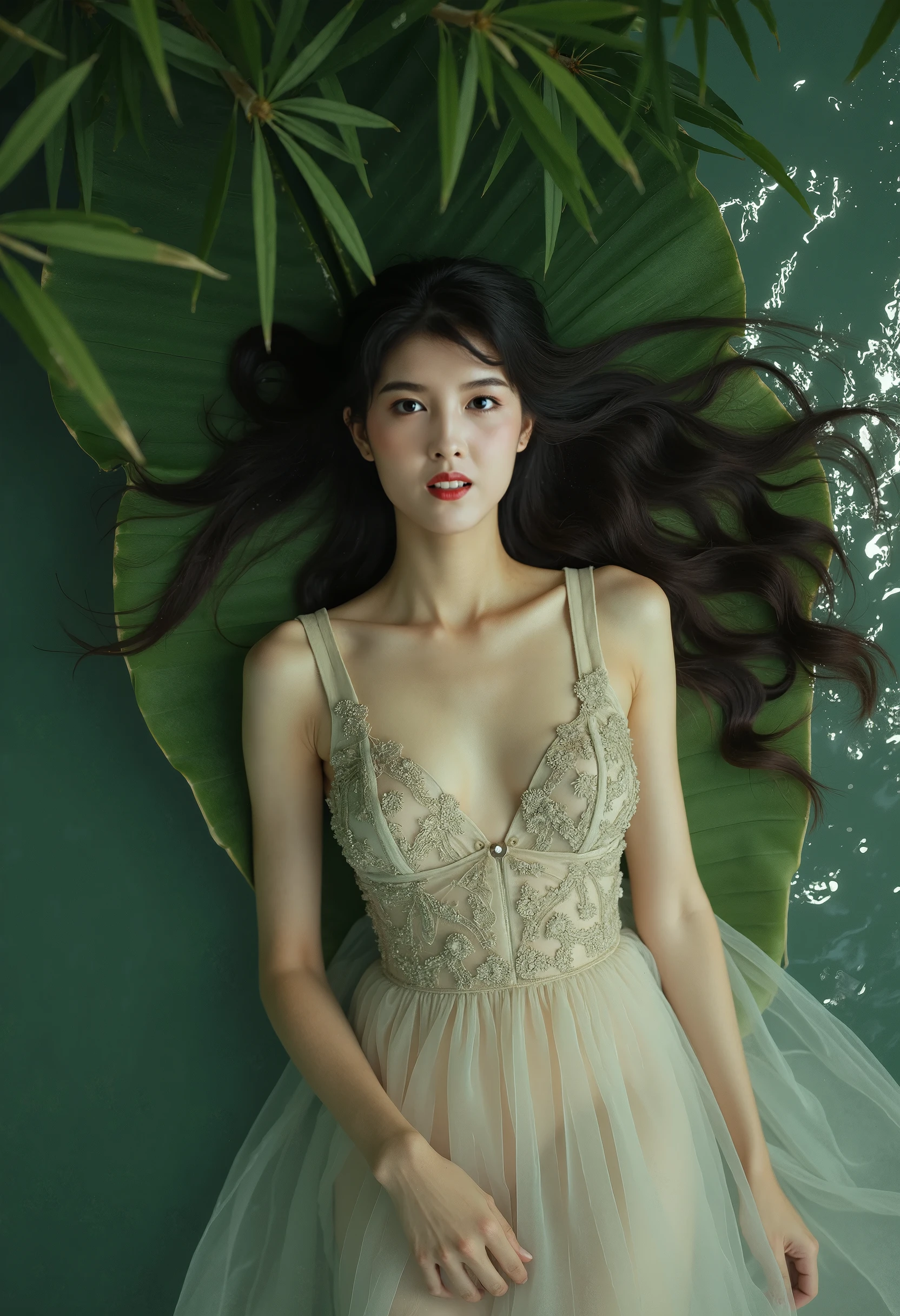 32k, Masterpiece, Highest quality, One girl, Brown Hair, Detailed eyes, flower,Amaryllis, Blue and green style,A dreamy, romantic piece,Pale yellow, Mysterious Leaves,A playful arrangement,Fantasy,High Contrast,Ink strokes,explosion,Exposure, Impression of blue and green tones,Abstract, Brush strokes,Negative Space, Tyndall effect