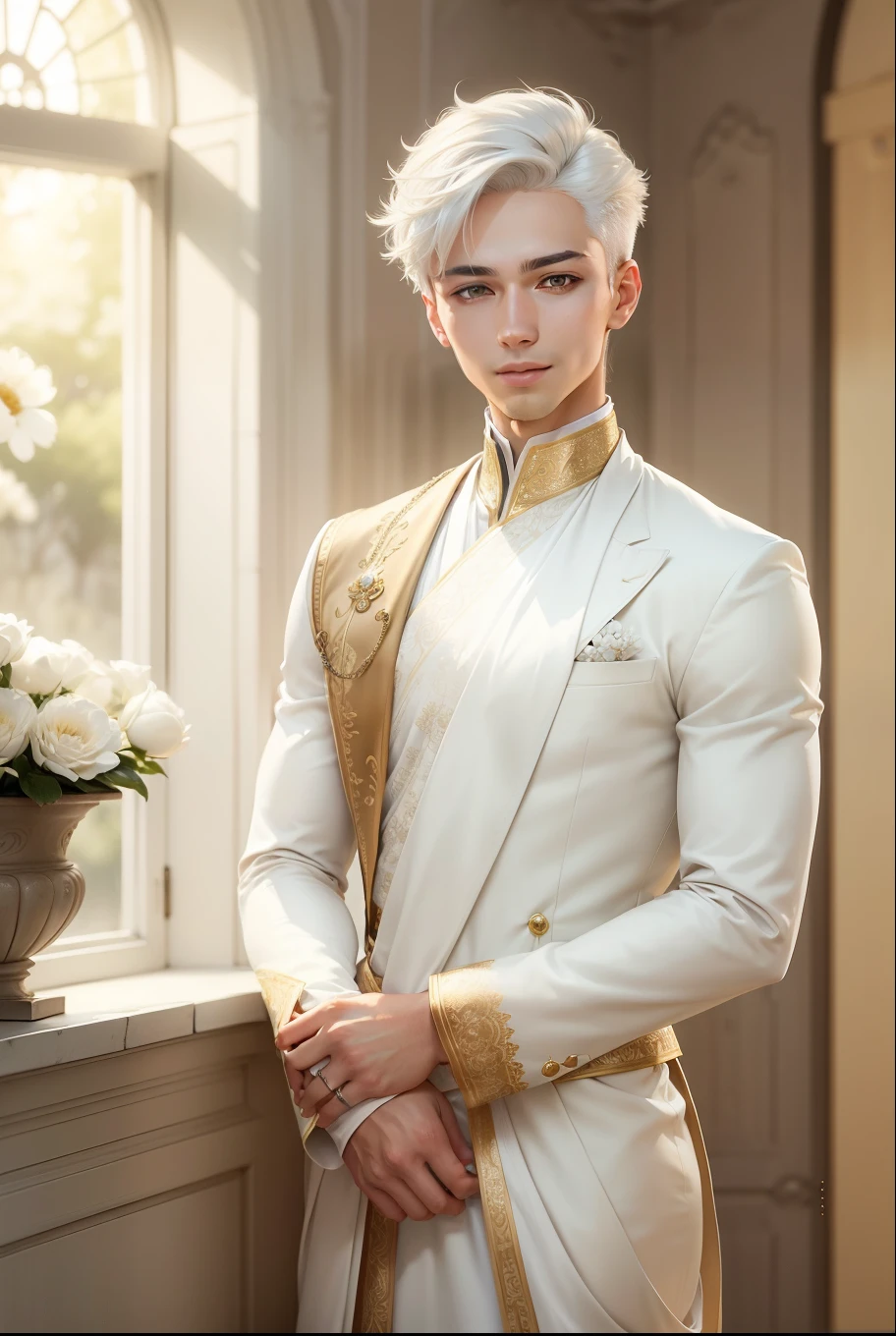 There is a man in a white suit standing by a window - SeaArt AI