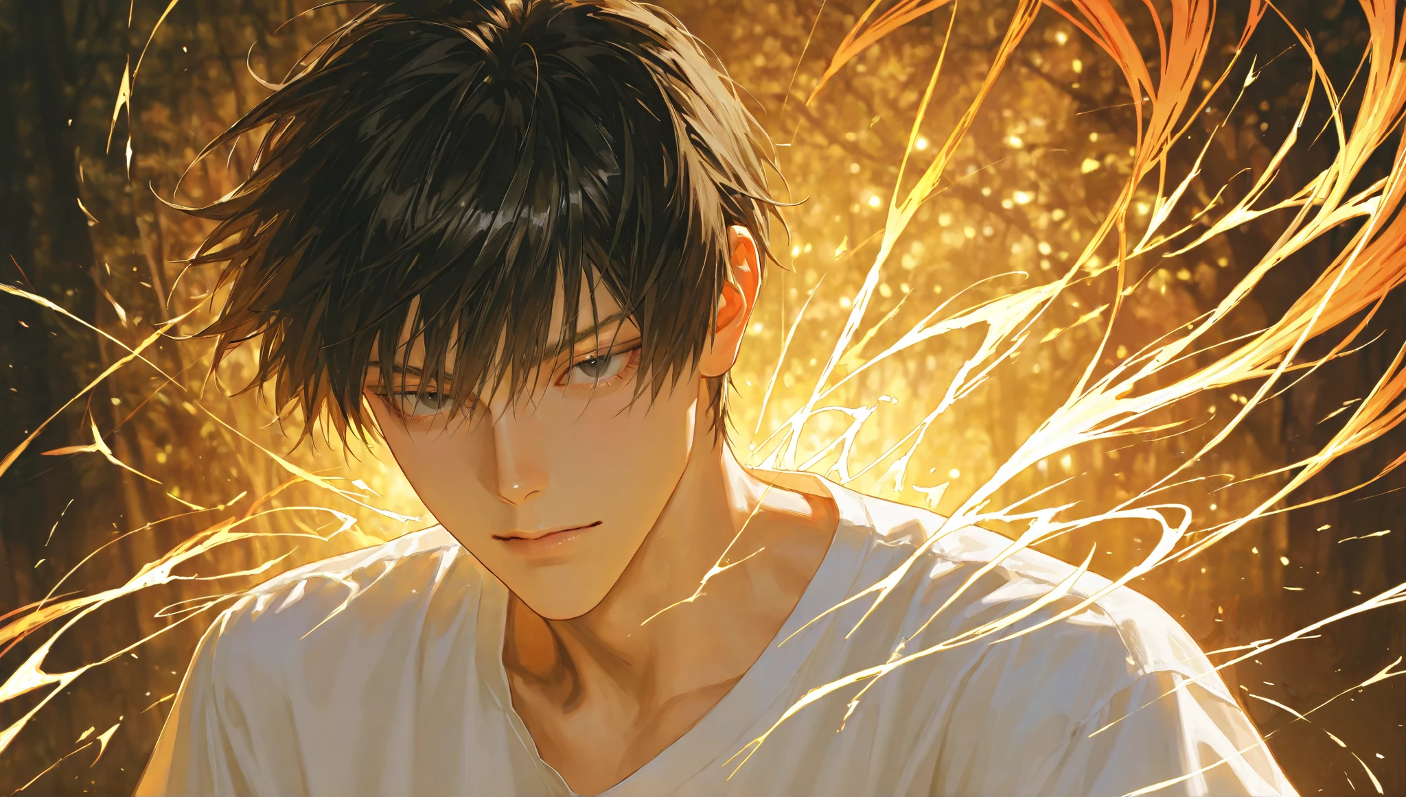 1 man with a gun, handsome, Fierce, Beautiful man, black head , short hair, short length hair, with bangs , male-centered, Perfect Eyes , black eye, Semi Animated Art , Expressive Brushstrokes , Vibrant Brushstrokes, Impressionist painting , realistic skin, Anime hair , semi-realistic detail, high detail, wearing a white t-shirt