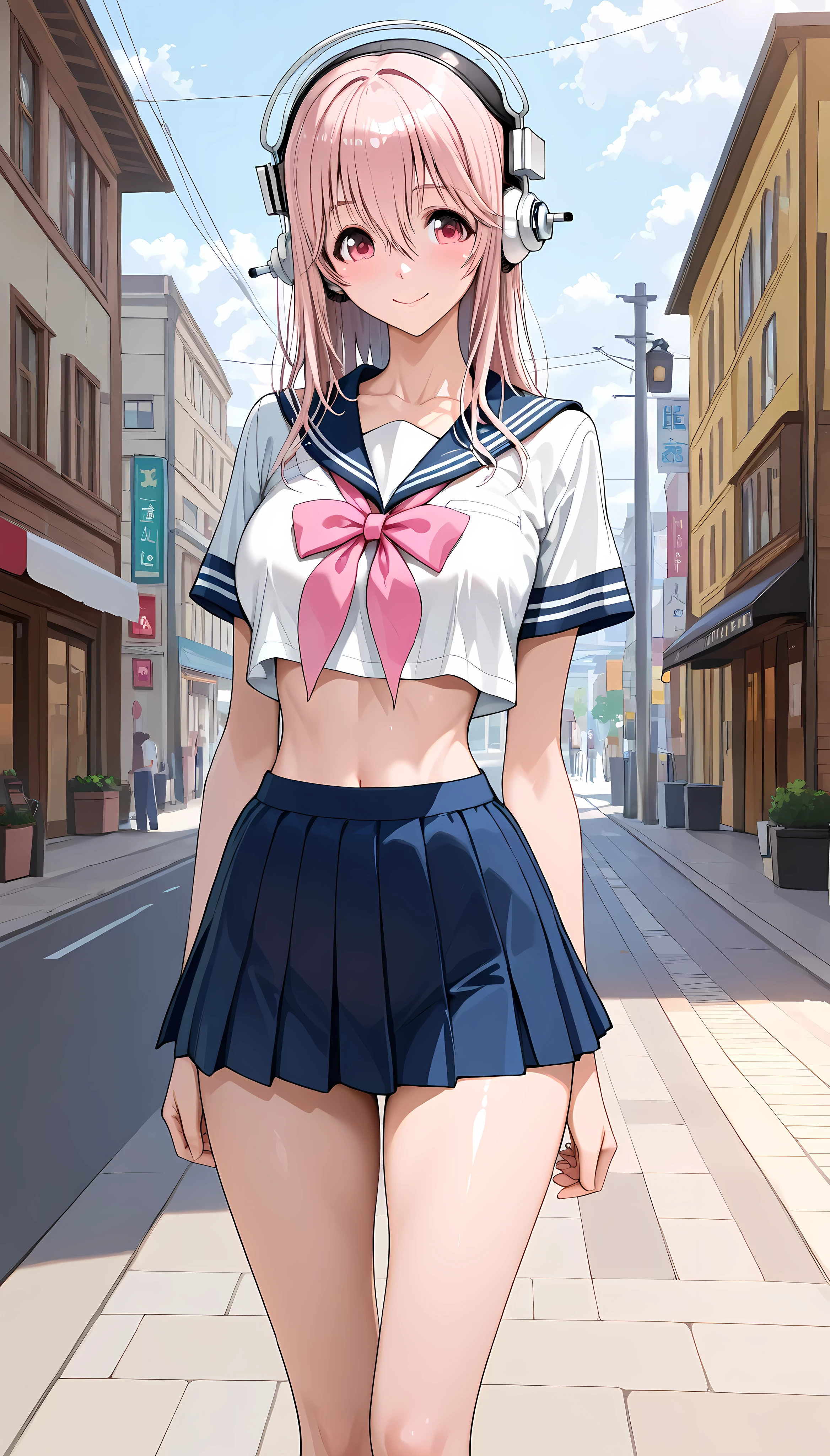 (masterpiece,best quality:1.2,amazing quality,very aesthetic,absurdres,newest,realistic),( super sonico ),1woman,(adult:1.2),(very small head:1.2),medium breasts,(ideal ratio body proportions:1.2,slender body:1.2,skinny:1.2),headphones,long hair,pink hair,pink eyes,smile, sailor suit,Short sleeve、pink bow,pleated skirt,on street,