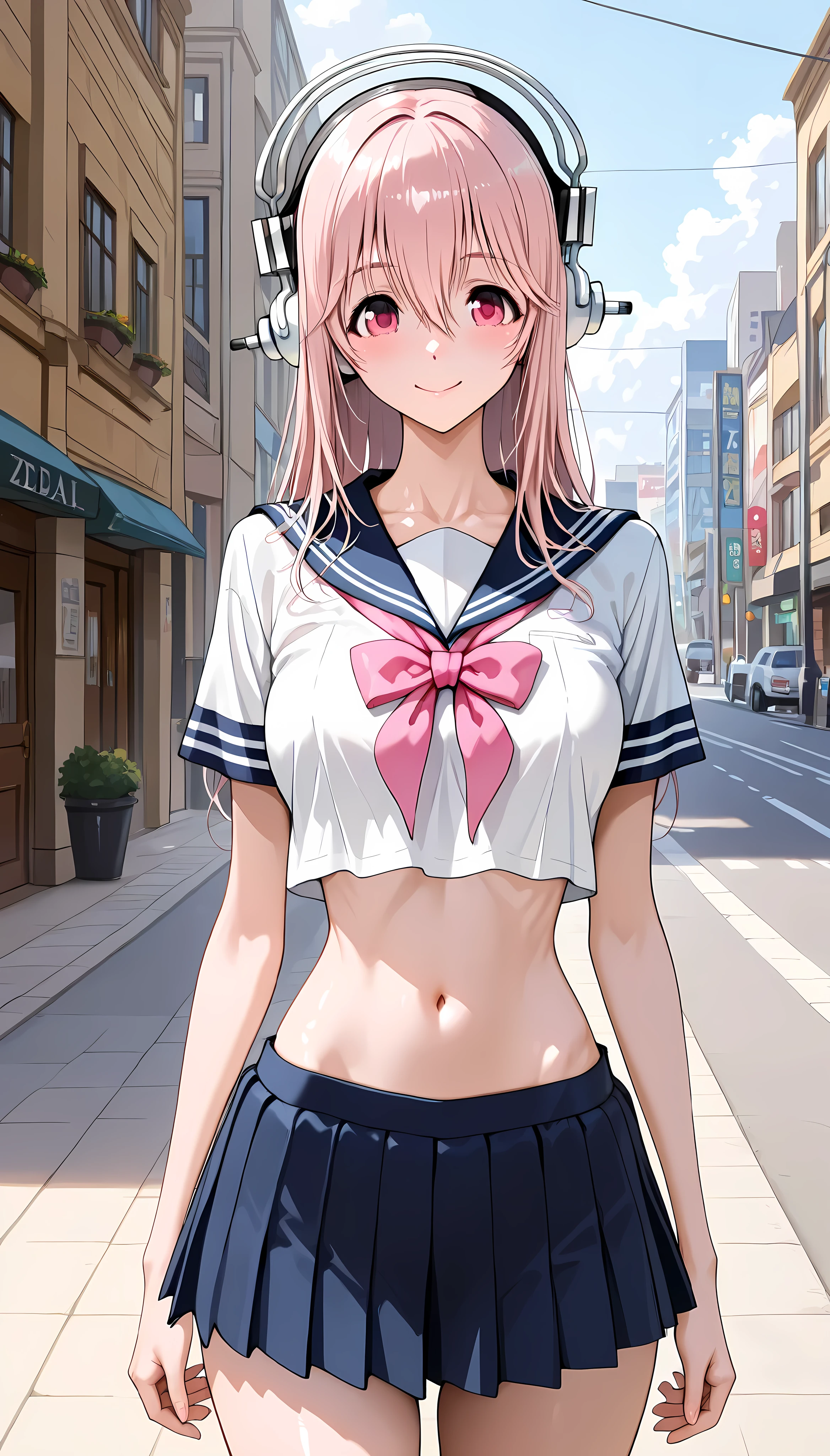 (masterpiece,best quality:1.2,amazing quality,very aesthetic,absurdres,newest,realistic),( super sonico ),1woman,(adult:1.2),(very small head:1.2),medium breasts,(ideal ratio body proportions:1.2,slender body:1.2,skinny:1.2),headphones,long hair,pink hair,pink eyes,smile, sailor suit,Short sleeve、pink bow,pleated skirt,on street,