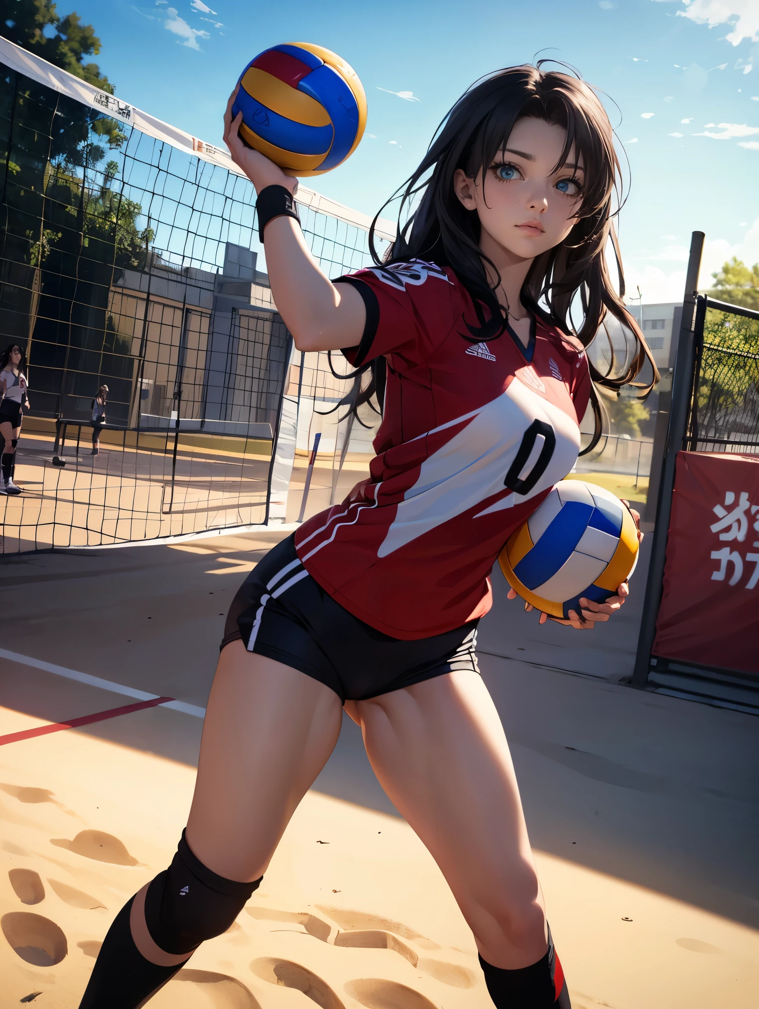 Masterpiece: 1.2, Best Quality), Realism, (Real Pictures, Intricate Details, Depth of Field), (1girl, Solo), Makeup, Lips Parting, High Detail, Perfect Face, (Huge Tits: 1.4), (Skindentation), Thick Thighs, Wide Buttocks, Thin Waist, Tall, Coral Lips, Blue Eyes, Ponytail, (Girl Playing Volleyball, Red Volleyball Uniform), (Sweating: 1.2), (Wet), Sexy, Blushing,