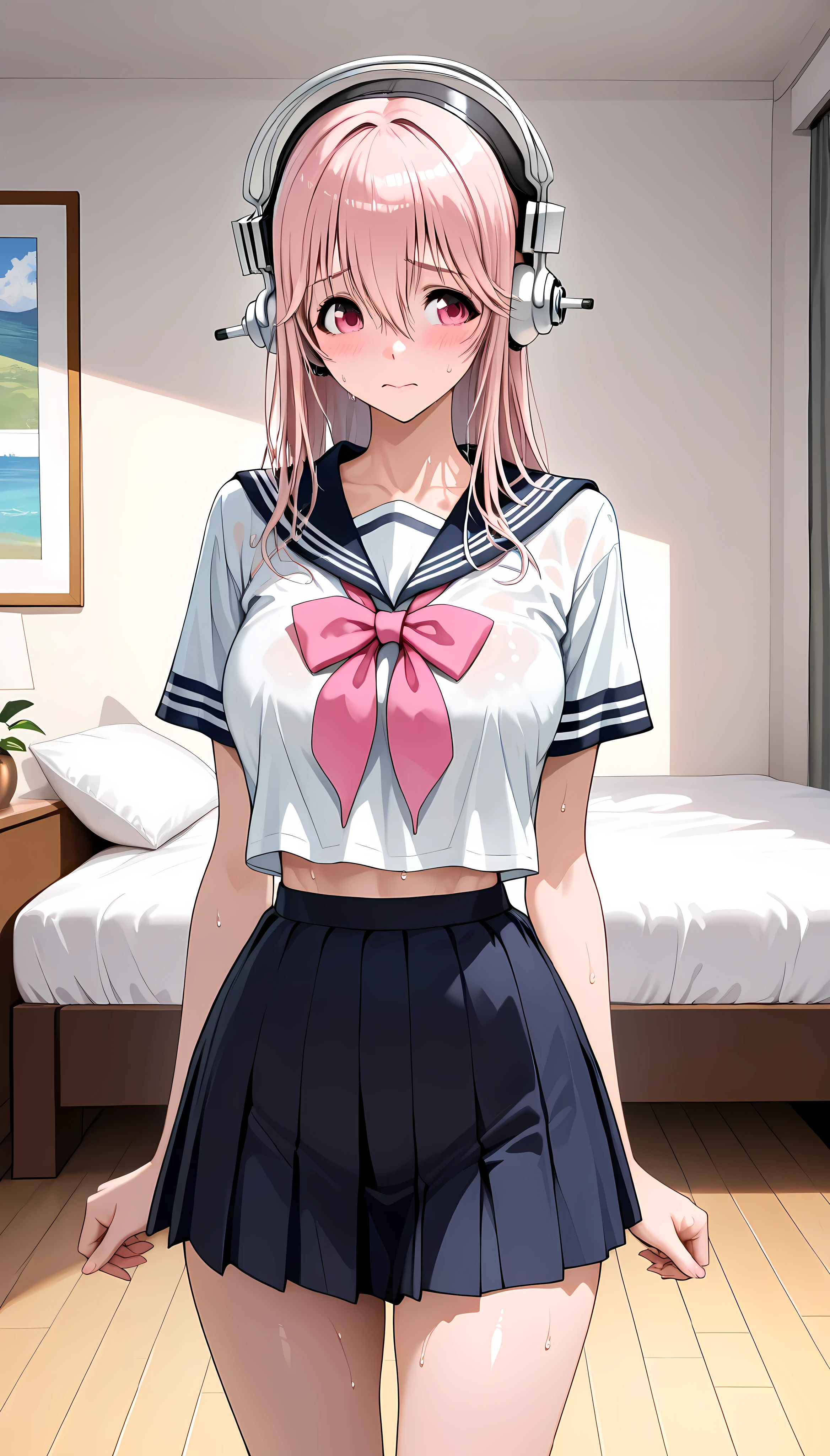 Mastepiece、masterpiece、highest quality、Super detailed、High resolution、8K Portrait、High definition CG of Unity 8k wallpaper、Cute little:1.5、Loli:1.5、Highly detailed CG Unity 8k wallpaper、Realistic、Real person、 Portrait Photography、Shiny skin、High definition、(16 years old:1.2)、(1 girl)、Beautiful clear eyes、extremely detailed description、Delicate face、Nice lips、Slim body、(thin waist)、Thin legs、(bed room:1.6)、1 Girl, Cute, Perfect Face, seriously, (blush:1.5),(Pink hair bob:1.3),(hair ornaments),(big breasts:1.3),((School uniform:1.3)),(Clothes lift:1.6),((skirt lift:1.5)),(looking at view),(from front),(disapproval face:1.5),nsfw,(take off panty:1.4)