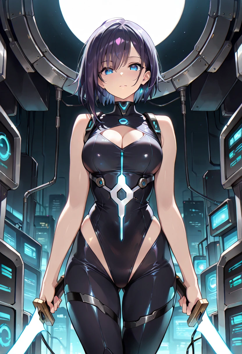 woman, (Cyberpunk city background:1.3), (Swimwear:1.3), (Small breasts:1.4), (Flat Chest:1.3), (Dim lighting:1.3), (Detailed Hair:1.3), (Bob Haircut:1.3), (Blue Hair:1.3), (Very detailed:1.3), (Glowing purple eyes:1.4), (Detailed face and eyes:1.3), (Wide Hips:1.3), (night:1.3), (rain:1.3), (Wet body:1.3), (Cyberpunk Implant:1.3).
