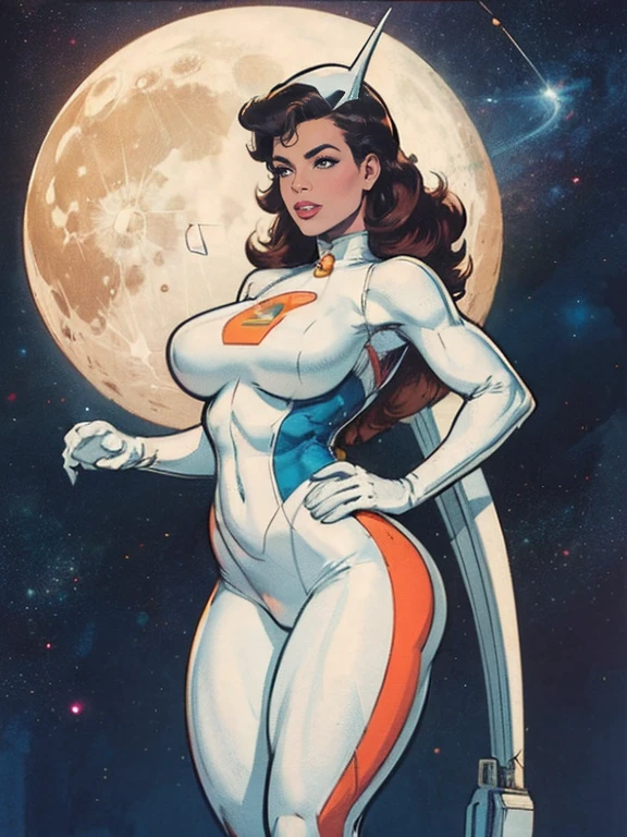 Full body picture：(masterpiece:1.2, best quality),(Very detailed)，individual。1 female,Become a，Full body picture，Superman (Miss, Superman Glossy enamel costume in white with red and gold details) From DC Comics,cameltoe pussy，Tall figure，Long legs，muscular,((Galaxy Flash in the background))