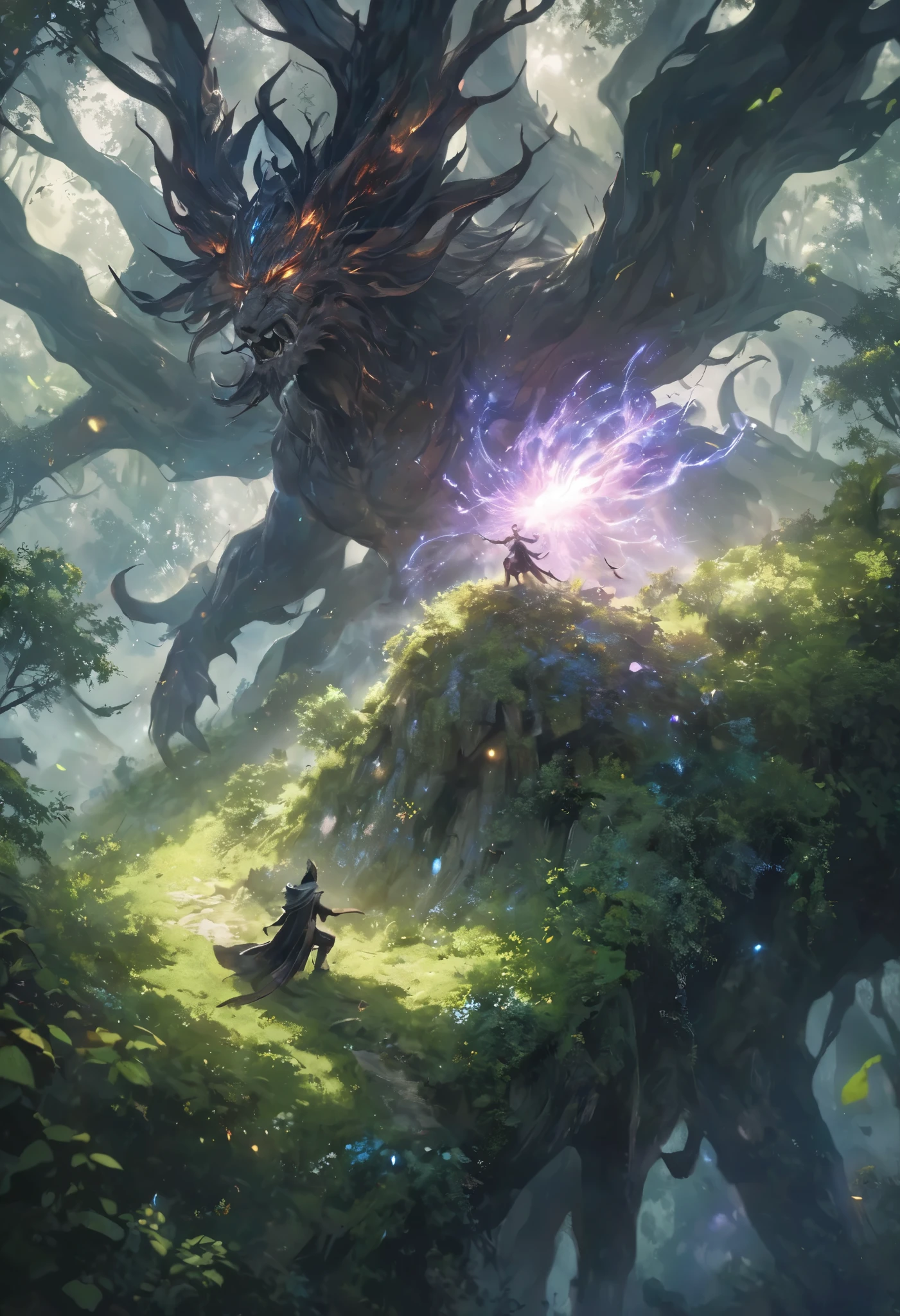 Ride on the shoulders of a mysterious giant and look down at the forest , One Person Point of View, from above, Strong Ephemeral Eyes , Beautiful appearance, Full Length 50m, Forest God Who Descended from the Celestial Realm , Forest trees々 A Body Much Bigger Than , People Who Worship While Kneeling Down Under Their Feet 々, (from above:1.37), BREAK People Who Worship 々 looks small like an ant, Emphasizes the Beauty and Massive Feeling of Giants , The fantastic atmosphere of a god descended into the enigmatic forest, A fantastic atmosphere of gods descending into an enigmatic forest with the whole body of a giant in a frame ,