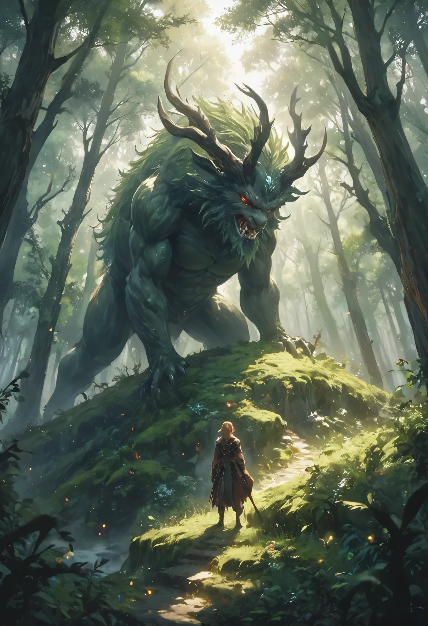 Ride on the shoulders of a mysterious giant and look down at the forest , One Person Point of View, from above, BREAK profile of a giant in sight, Strong Ephemeral Eyes , Beautiful appearance, Full Length 50m, Forest God Who Descended from the Celestial Realm , Forest trees々 A Body Much Bigger Than , People Who Worship While Kneeling Down Under Their Feet 々, (from above:1.37), BREAK People Who Worship 々 looks small like an ant, Emphasizes the Beauty and Massive Feeling of Giants , The fantastic atmosphere of a god descended into the enigmatic forest, A fantastic atmosphere of gods descending into an enigmatic forest with the whole body of a giant in a frame ,