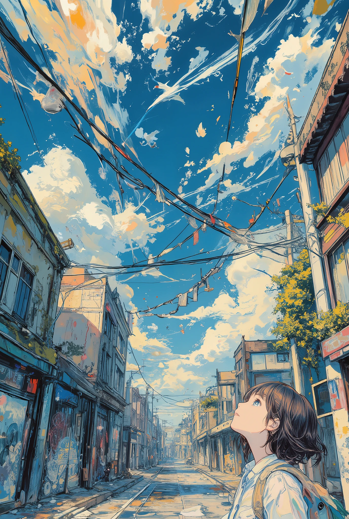 The upward perspective of the old street. Old dilapidated shops along the sidewalks rest directly against the sky, as if the street had been lifted up. The sidewalks rest against the sky. Instead of a road, the sky. In the very center of the composition is a clear, high azure sky, creamy fluffy clouds, soaring birds and a white trail from an airplane. The columns of the buildings resemble old dilapidated shops with cloudy storefronts and half-erased signs. Moss, ivy and cobwebs are on the walls. Dangling wires dangle freely and sway in the wind. There are pedestrian paths and bridges between the buildings. The overall vertical composition and the feeling of awe and exploration. Rich, vibrant colors and detailed textures, contrast between nature and urban decay. The camera angle is the lower "eye of the worm", pointing vertically upwards. In the lower right corner, a woman with short dark hair is depicted with a backpack, looking vertically up at the sky with her head up. From the first person. Surrealism. A surreal fantasy. Futurism is a post-apocalypse. An anime-style illustration.