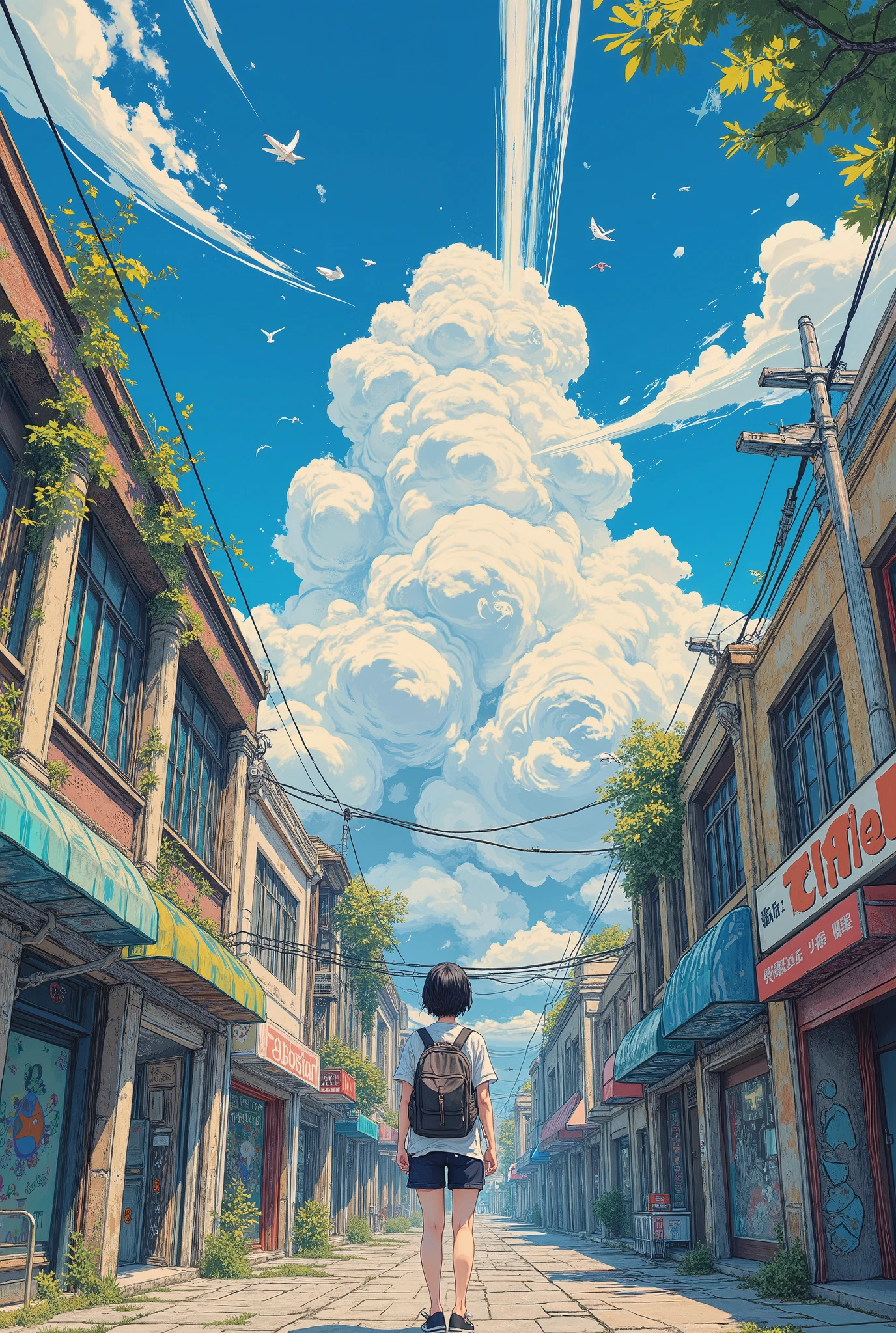 The upward perspective of the old street. Old dilapidated shops along the sidewalks rest directly against the sky, as if the street had been lifted up. The sidewalks rest against the sky. Instead of a road, the sky. In the very center of the composition is a clear, high azure sky, creamy fluffy clouds, soaring birds and a white trail from an airplane. The columns of the buildings resemble old dilapidated shops with cloudy storefronts and half-erased signs. Moss, ivy and cobwebs are on the walls. Dangling wires dangle freely and sway in the wind. There are pedestrian paths and bridges between the buildings. The overall vertical composition and the feeling of awe and exploration. Rich, vibrant colors and detailed textures, contrast between nature and urban decay. The camera angle is the lower "eye of the worm", pointing vertically upwards. In the lower right corner, a woman with short dark hair is depicted with a backpack, looking vertically up at the sky with her head up. From the first person. Surrealism. A surreal fantasy. Futurism is a post-apocalypse. An anime-style illustration.