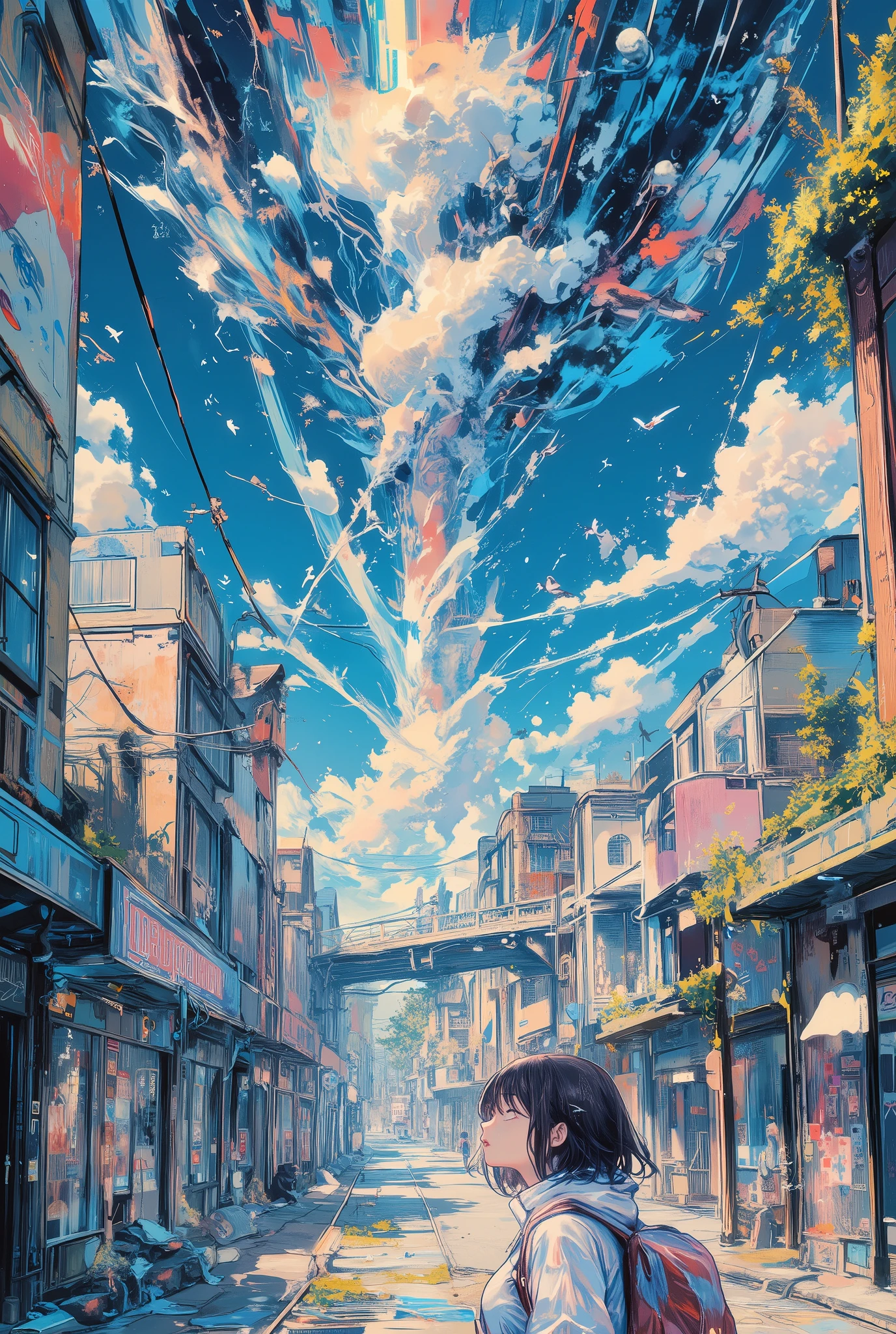The upward perspective of the old street. Old dilapidated shops along the sidewalks rest directly against the sky, as if the street had been lifted up. The sidewalks rest against the sky. Instead of a road, the sky. In the very center of the composition is a clear, high azure sky, creamy fluffy clouds, soaring birds and a white trail from an airplane. The columns of the buildings resemble old dilapidated shops with cloudy storefronts and half-erased signs. Moss, ivy and cobwebs are on the walls. Dangling wires dangle freely and sway in the wind. There are pedestrian paths and bridges between the buildings. The overall vertical composition and the feeling of awe and exploration. Rich, vibrant colors and detailed textures, contrast between nature and urban decay. The camera angle is the lower "eye of the worm", pointing vertically upwards. In the lower right corner, a woman with short dark hair is depicted with a backpack, looking vertically up at the sky with her head up. From the first person. Surrealism. A surreal fantasy. Futurism is a post-apocalypse. An anime-style illustration.