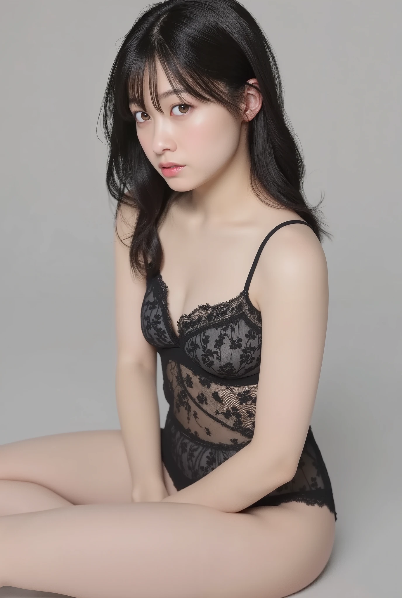 highly detailed CG Unity 8K , top quality 、 highly detailed 、Petite Japanese Women、(( completely naked:2))、( big breasts)、Black lace underwear、 show my whole body、 look here、