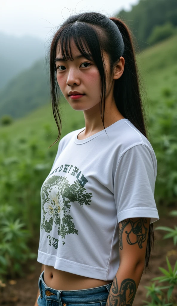 Best Quality,Masterpiece,Ultra High Resolution,(Realisticity:1.4),Original Photo,
1girl,among leaves,Pure cotton white T-shirt,