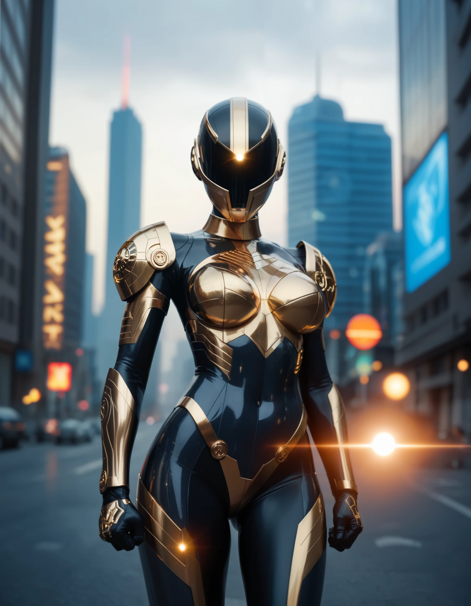 ral-opal, meahophontron, cyberpunk, woman ROBOT futuristic helmet (light yellow suit, black gray, light blue brown) With futuristic armor, city in the cyberpunk desert, blue colors, negro, gris con soft tones hdr, soft tones