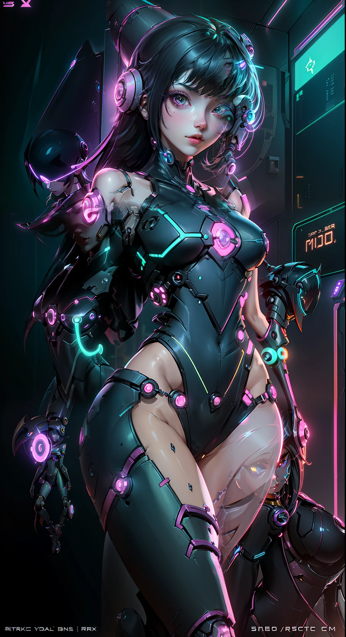 Dark Magician Girls. Leech mechanical body,Bits girl , Cartoonish,Q version,Robot arm, raytracing ,CG,Neon light