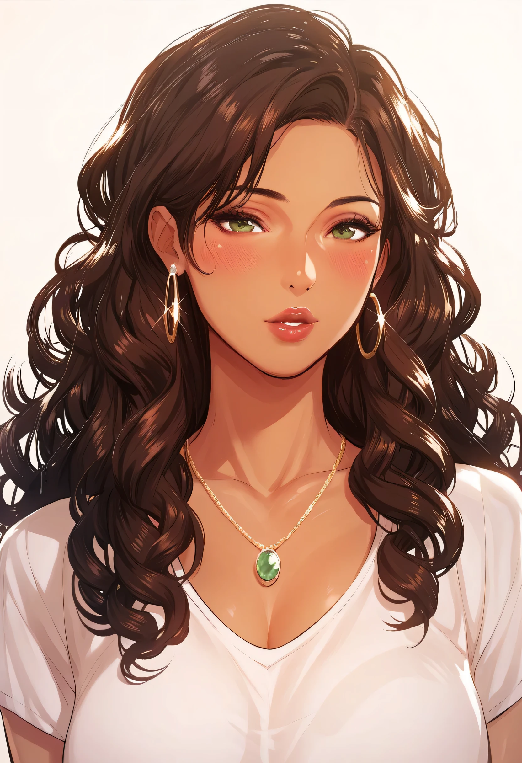 Hot sexy beautiful milf mom, hoops earrings, brown hair, curly hair, blush, green eyes, necklace, Latina, brown skin, hair brochure, lipstick, casual loose t shirt