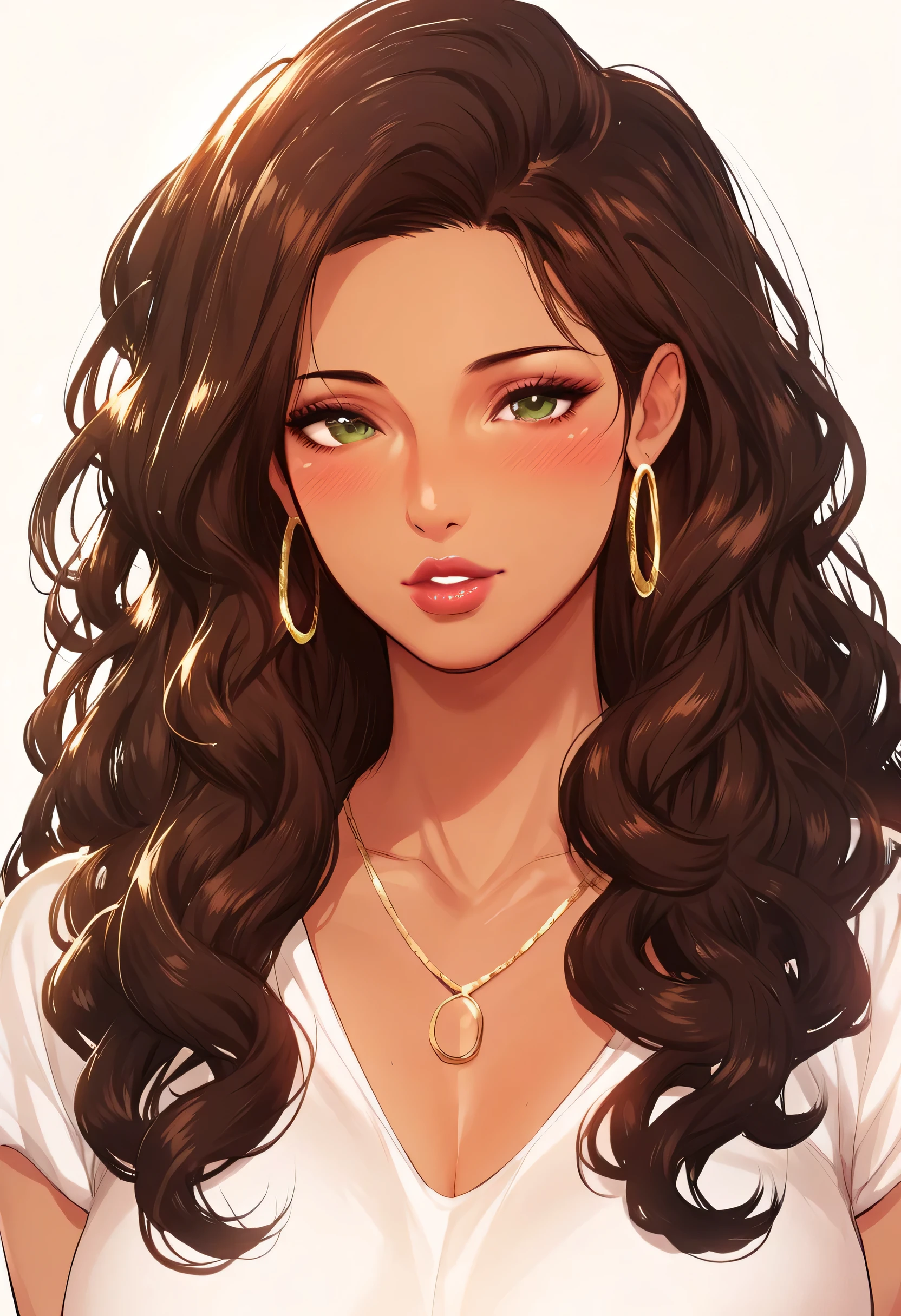 Hot sexy beautiful milf mom, hoops earrings, brown hair, curly hair, blush, green eyes, necklace, Latina, brown skin, hair brochure, lipstick, casual loose t shirt