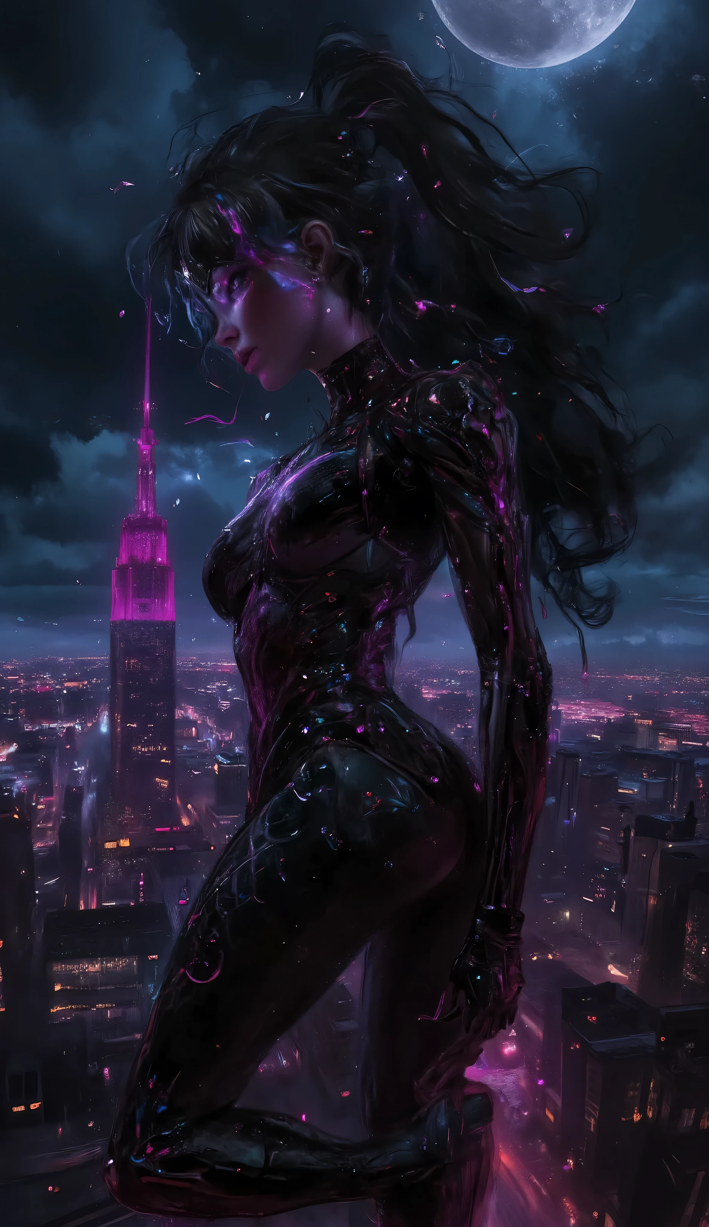 (best quality, 128k,highres,masterpiece:1.2),ultra-detailed,(realistic,photorealistic,photo-realistic:1.37), ((masterpiece)) ((photography)) ((Highest quality)) A hyper-realistic, cinematic night-time scene featuring a stunning woman with delicate yet harmonious facial features and a piercing, confident gaze. She stands proudly atop a skyscraper, overlooking the vast cityscape of New York. She wears a form-fitting, high-gloss rubber suit inspired by Spider-Man, perfectly contouring her curves. The costume is unique, blending ethereal neon colors such as electric violet, luminescent cyan blue, and shimmering magenta pink, creating an almost futuristic effect.
The deep, mysterious night sky is filled with heavy clouds, with faint moonlight breaking through. The sprawling city of New York stretches endlessly in the background, its skyscrapers illuminated by thousands of vibrant lights, forming a stunning contrast between the dark sky and the city's neon glow. A gentle wind lifts a strand of her hair from beneath her partial mask, adding to the dynamic energy of the scene. Her expression is unwaveringly confident, almost predatory, as if she dominates the city from her high vantage point.
Every detail is captured with extreme precision: the reflective texture of her glossy rubber suit subtly interacting with the neon lights, tiny raindrops glistening on her outfit, the deep shadows cast by the towering buildings, and the artistic blur of some distant city lights, evoking a sci-fi cinematic atmosphere. The perspective is dramatic, slightly low-angled, emphasizing her commanding presence against the breathtaking urban landscape.