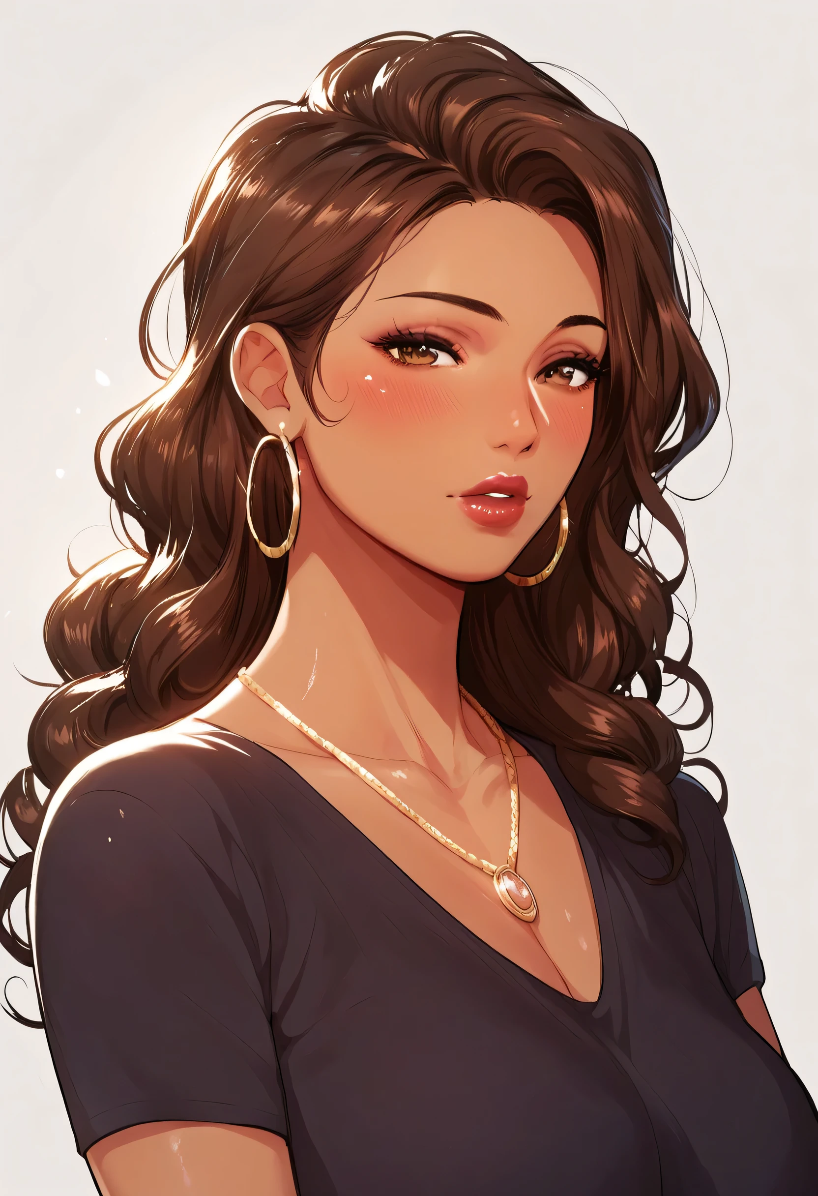 Hot sexy beautiful milf mom, hoops earrings, brown hair, curly hair, blush, hazel eyes, necklace, Latina, brown skin, hair brochure, lipstick, casual loose t shirt